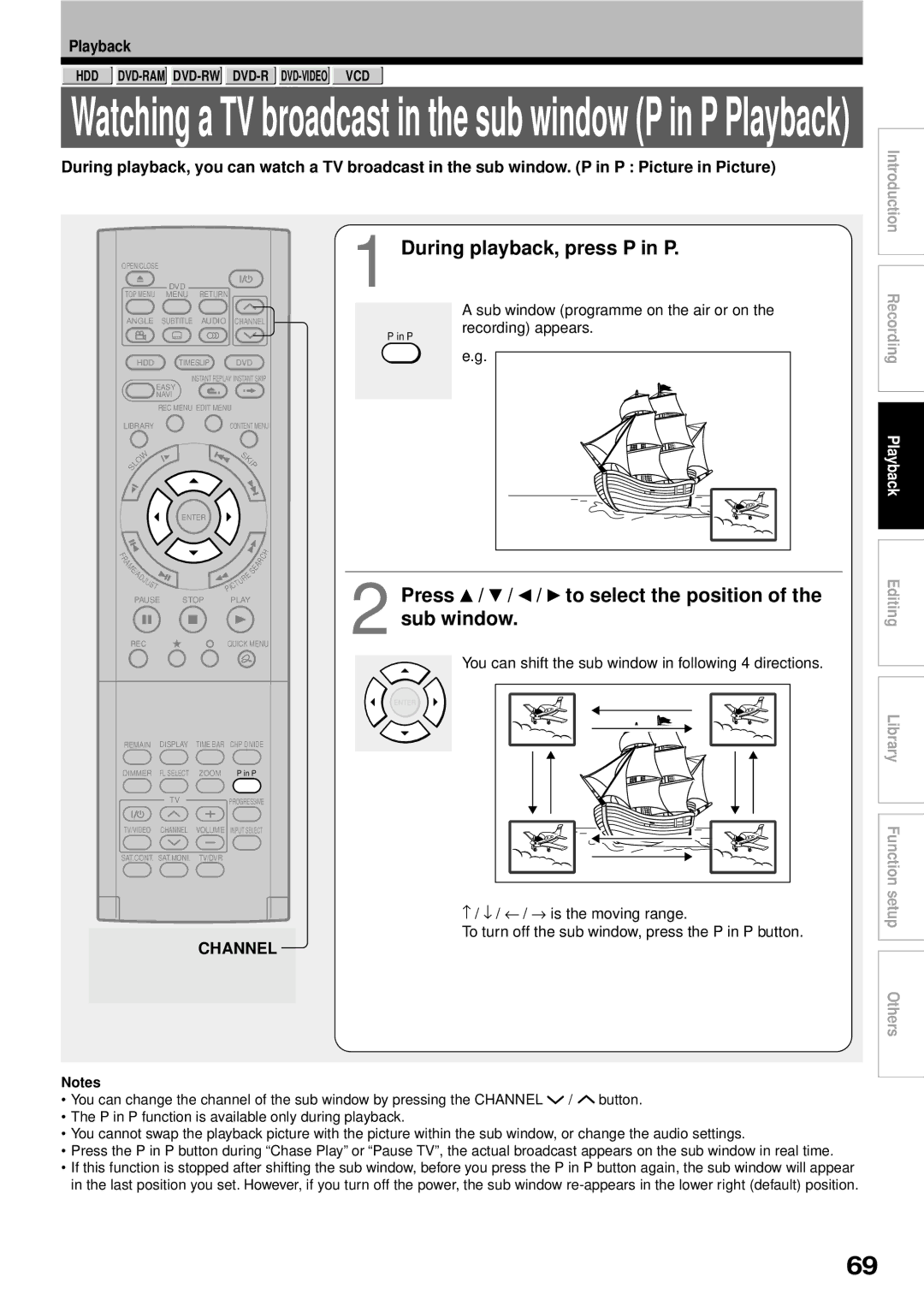 Toshiba RD-XS32SB owner manual During playback, press P in P, Press / / / to select the position of the sub window, Channel 