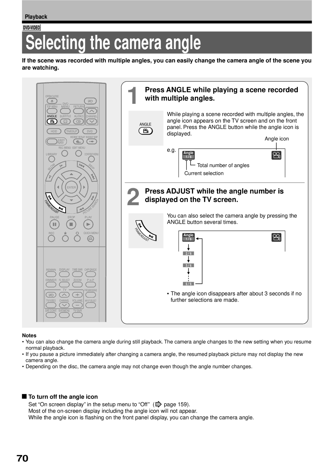 Toshiba RD-XS32SB owner manual Selecting the camera angle, To turn off the angle icon, Angle icon 