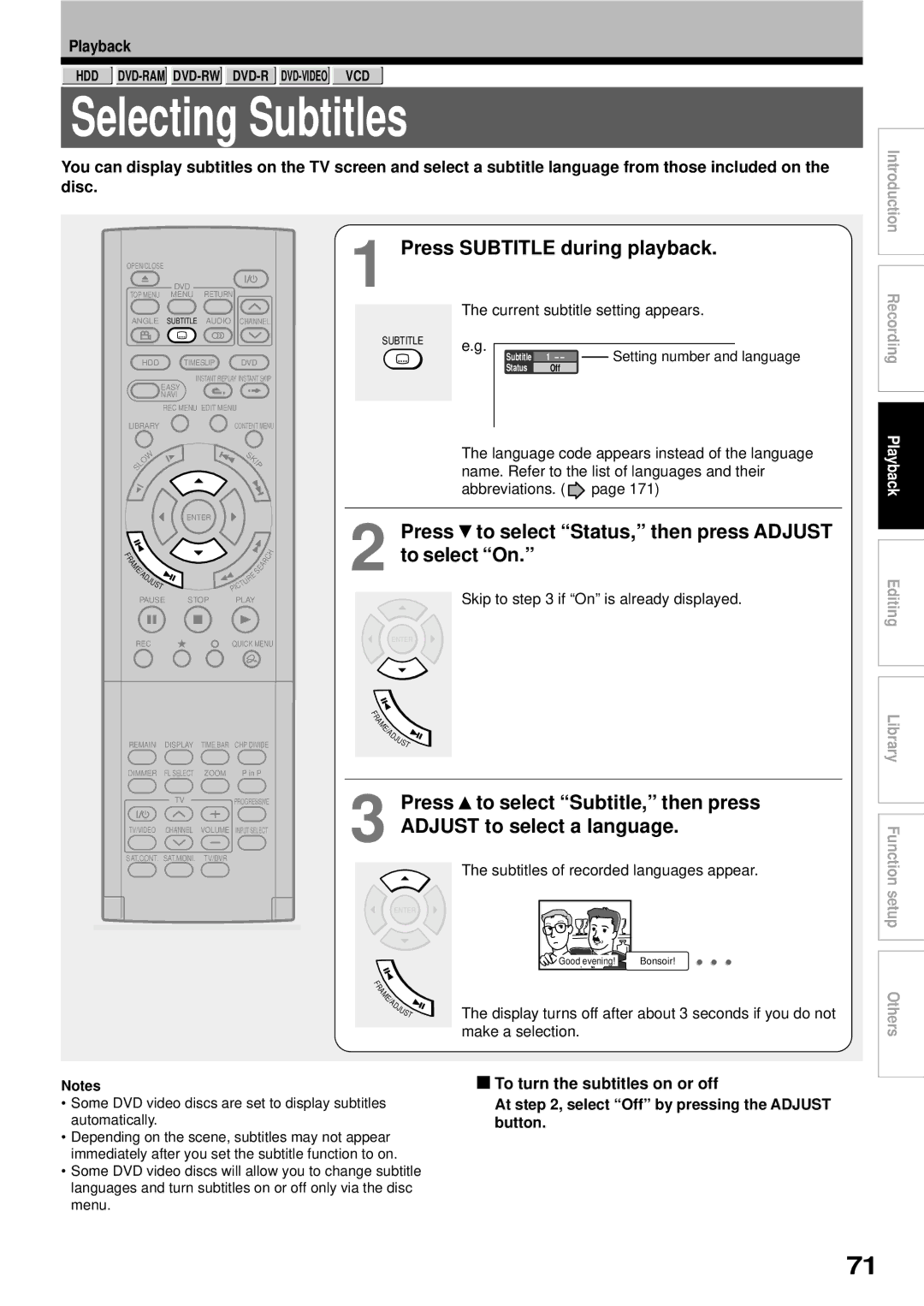 Toshiba RD-XS32SB owner manual Selecting Subtitles, To turn the subtitles on or off, Current subtitle setting appears 