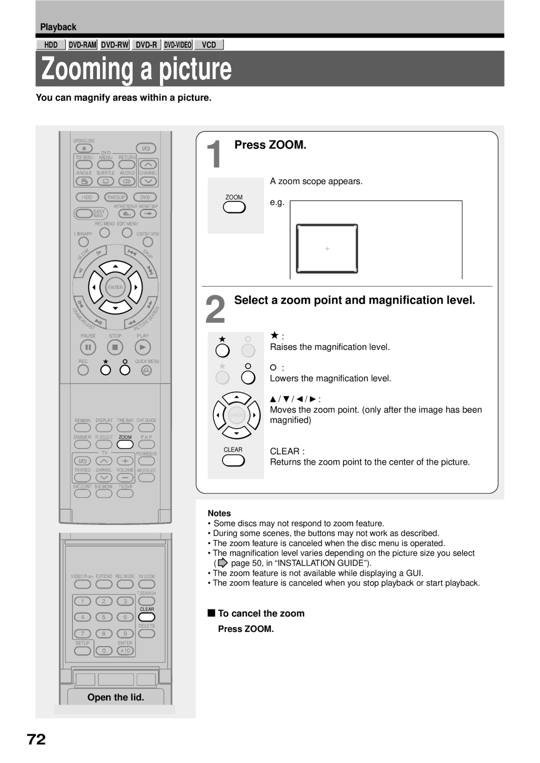 Toshiba RD-XS32SB Zooming a picture, Press Zoom, Select a zoom point and magnification level, To cancel the zoom 