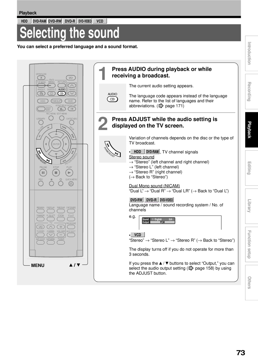 Toshiba RD-XS32SB owner manual Selecting the sound, Press Audio during playback or while, Menu 