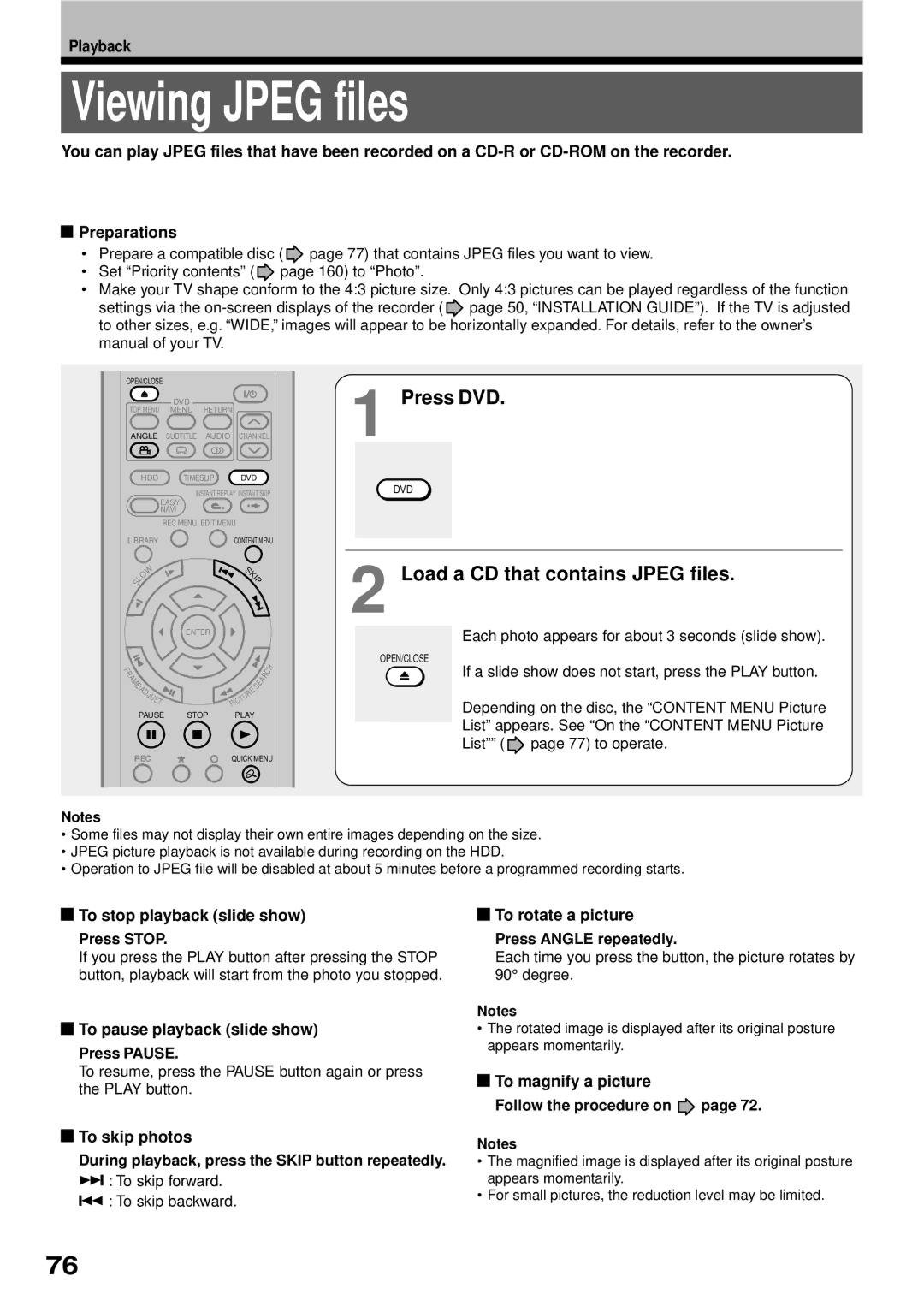 Toshiba RD-XS32SB owner manual Viewing Jpeg files, Load a CD that contains Jpeg files 