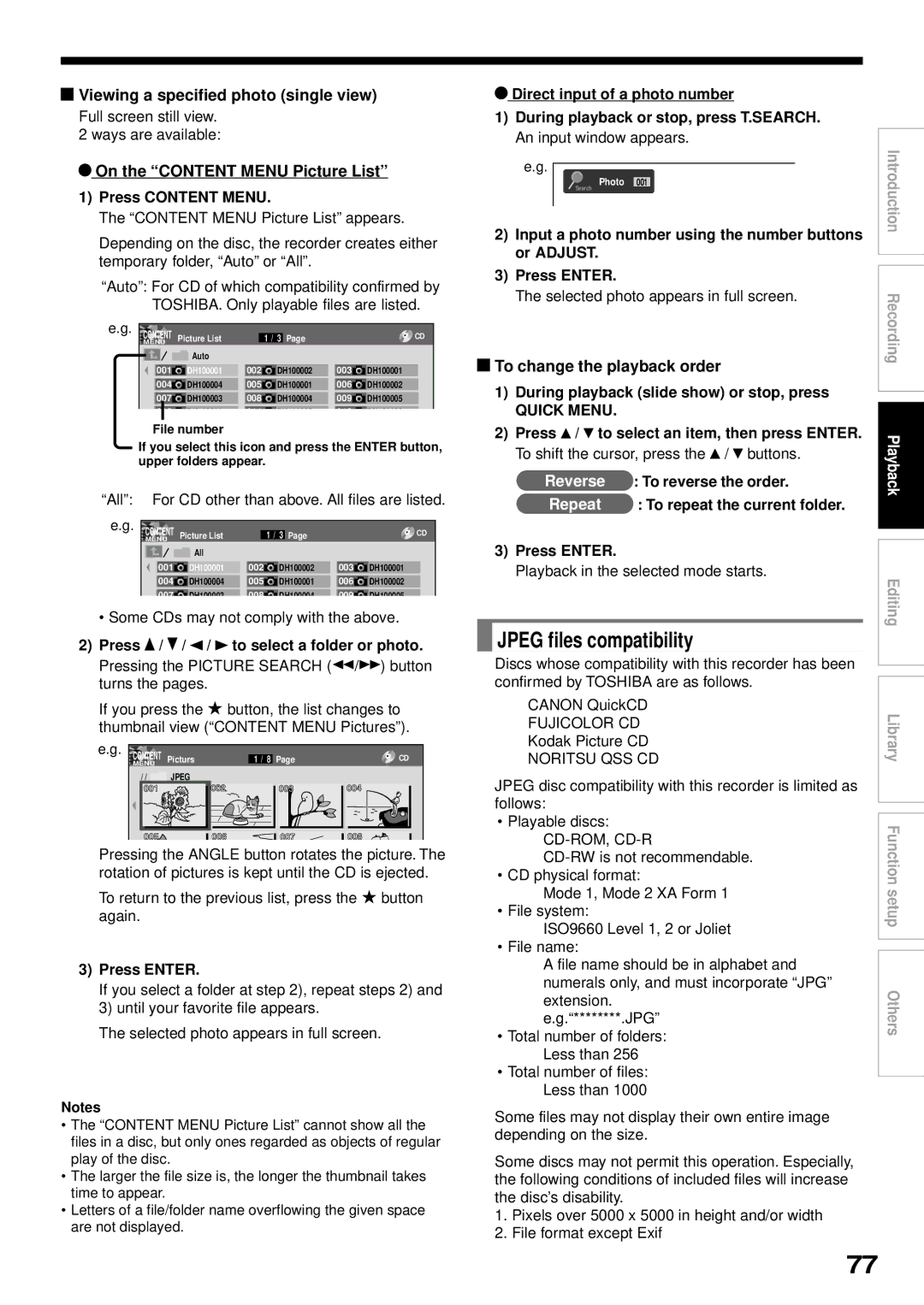 Toshiba RD-XS32SB Jpeg files compatibility, Viewing a specified photo single view, On the Content Menu Picture List 