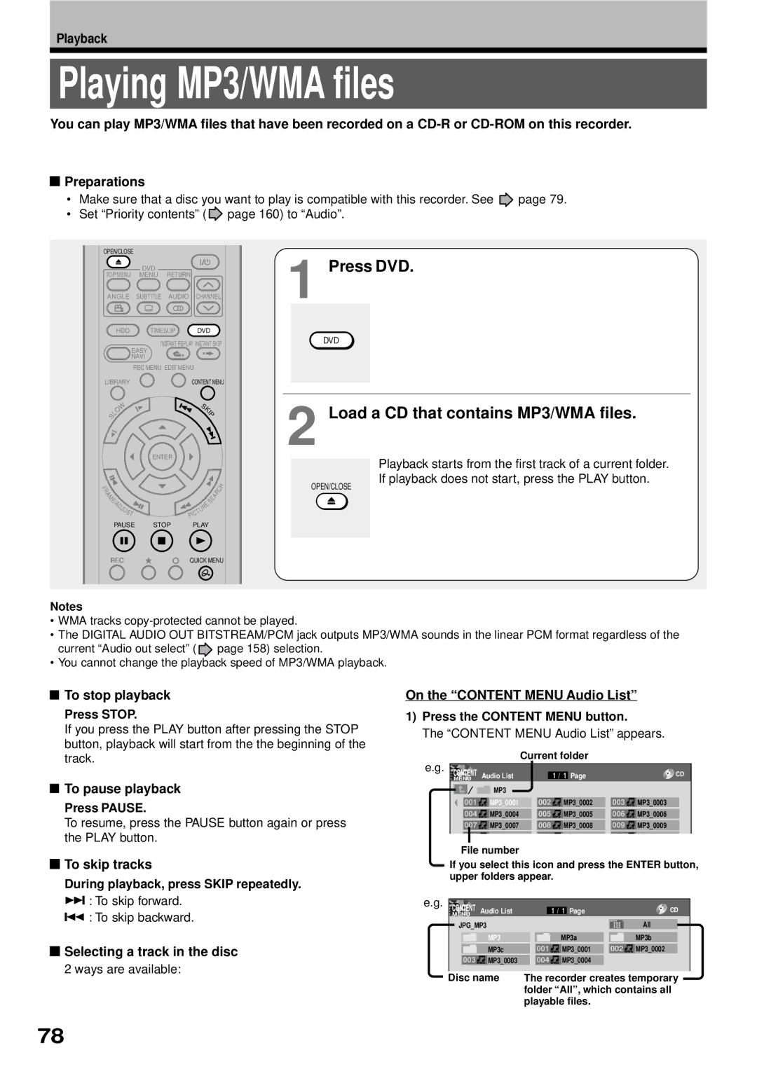 Toshiba RD-XS32SB owner manual Playing MP3/WMA files, Load a CD that contains MP3/WMA files 