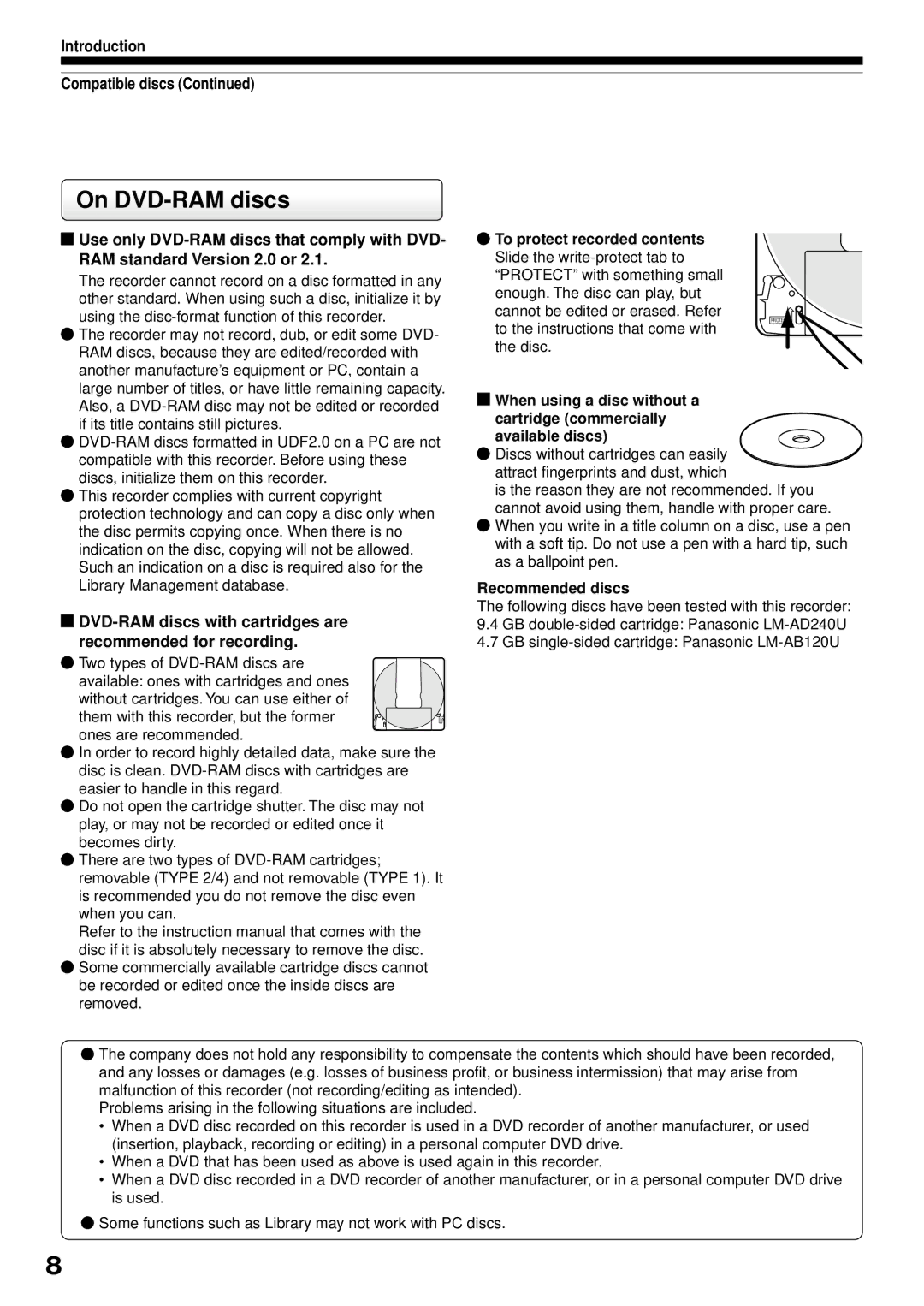 Toshiba RD-XS32SB owner manual Introduction Compatible discs, DVD-RAM discs with cartridges are recommended for recording 