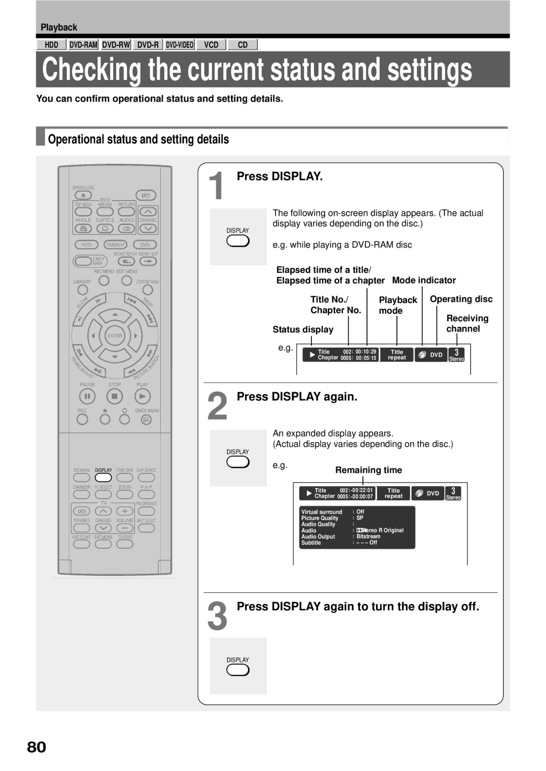 Toshiba RD-XS32SB owner manual Operational status and setting details, Press Display again 