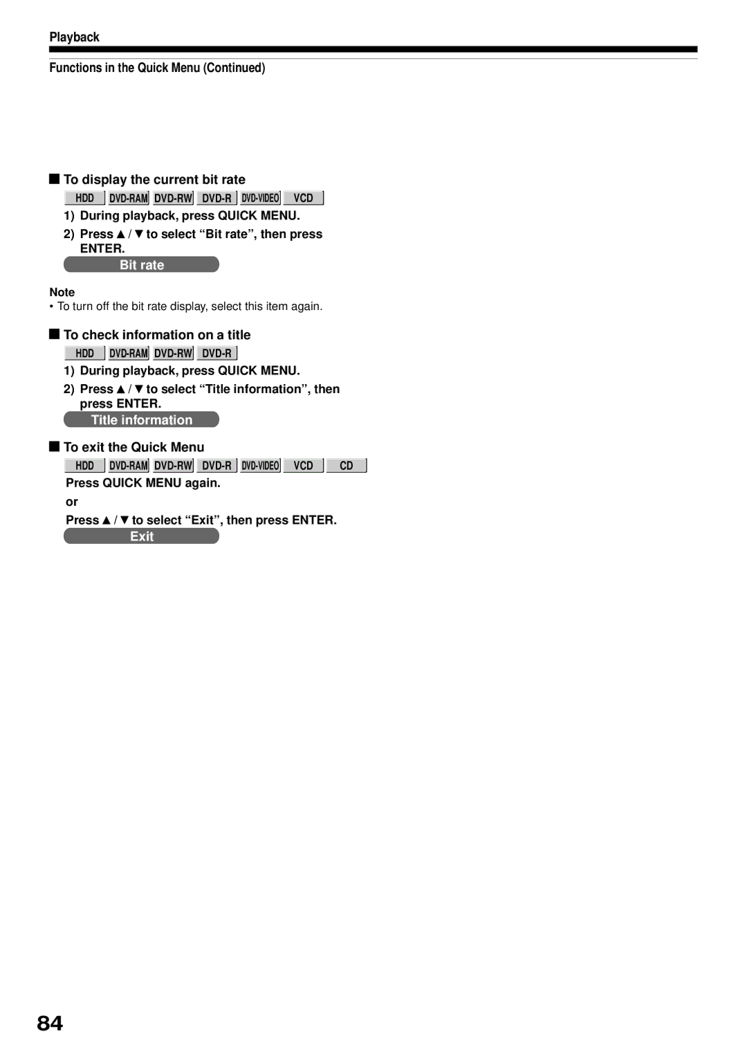 Toshiba RD-XS32SB owner manual To check information on a title, To turn off the bit rate display, select this item again 