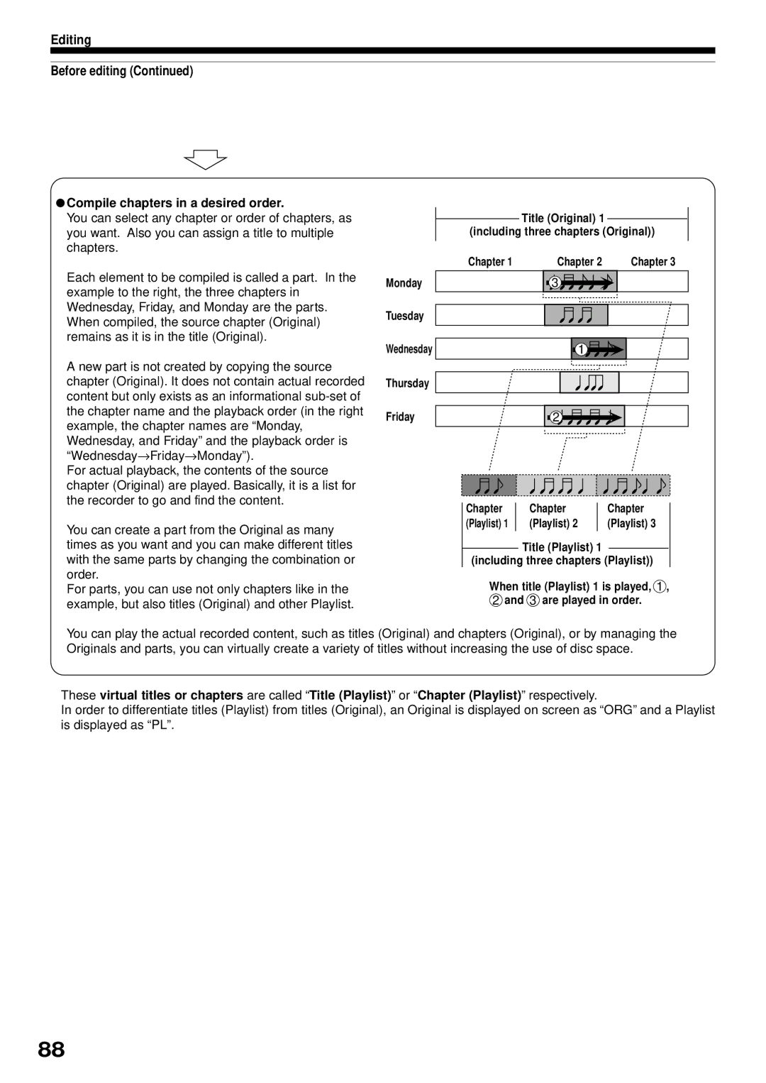 Toshiba RD-XS32SB owner manual Editing Before editing, Compile chapters in a desired order 