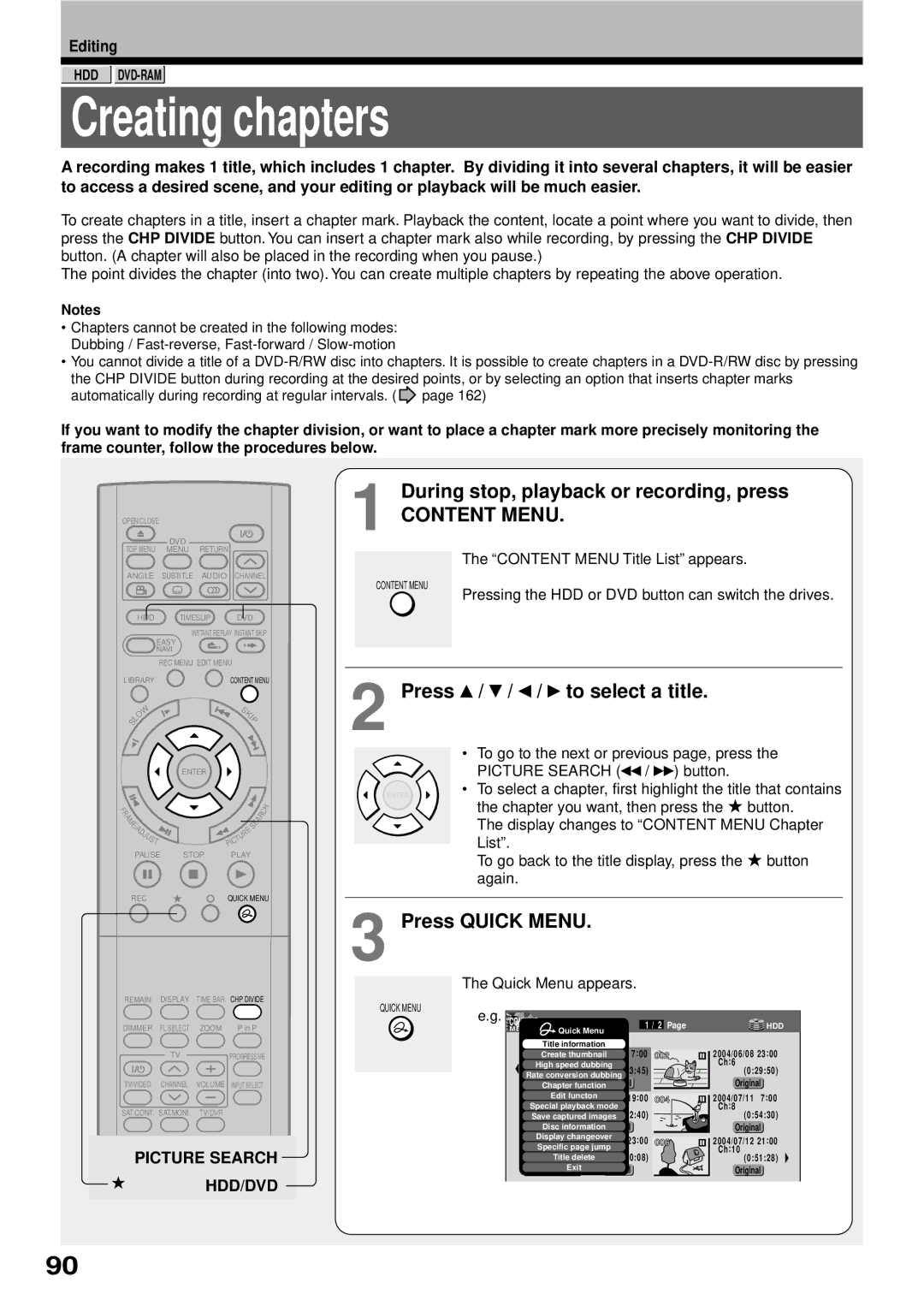 Toshiba RD-XS32SB owner manual Creating chapters, During stop, playback or recording, press, Press / / / to select a title 