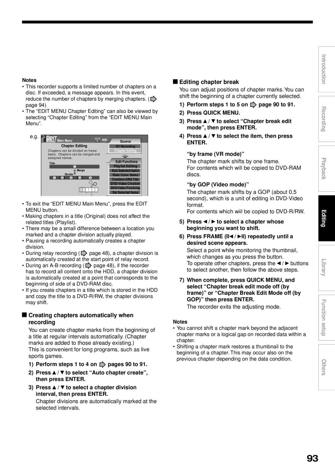 Toshiba RD-XS32SB owner manual Creating chapters automatically when recording, Editing chapter break 