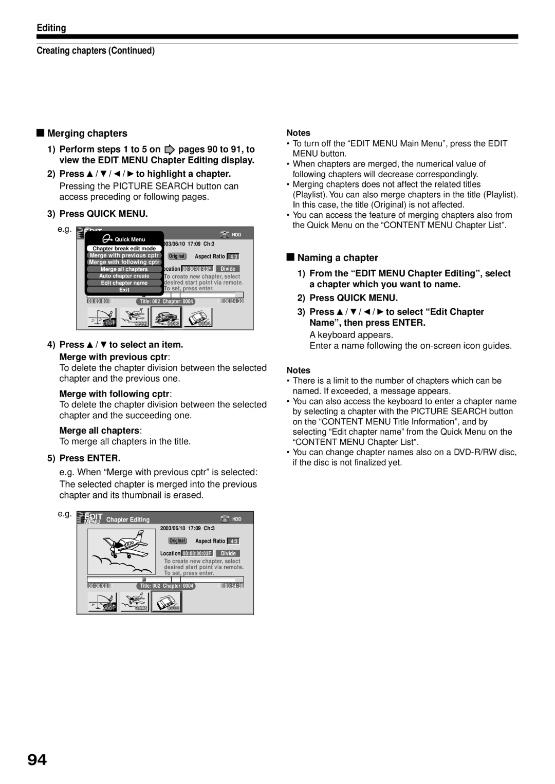 Toshiba RD-XS32SB owner manual Editing Creating chapters Merging chapters, Naming a chapter 