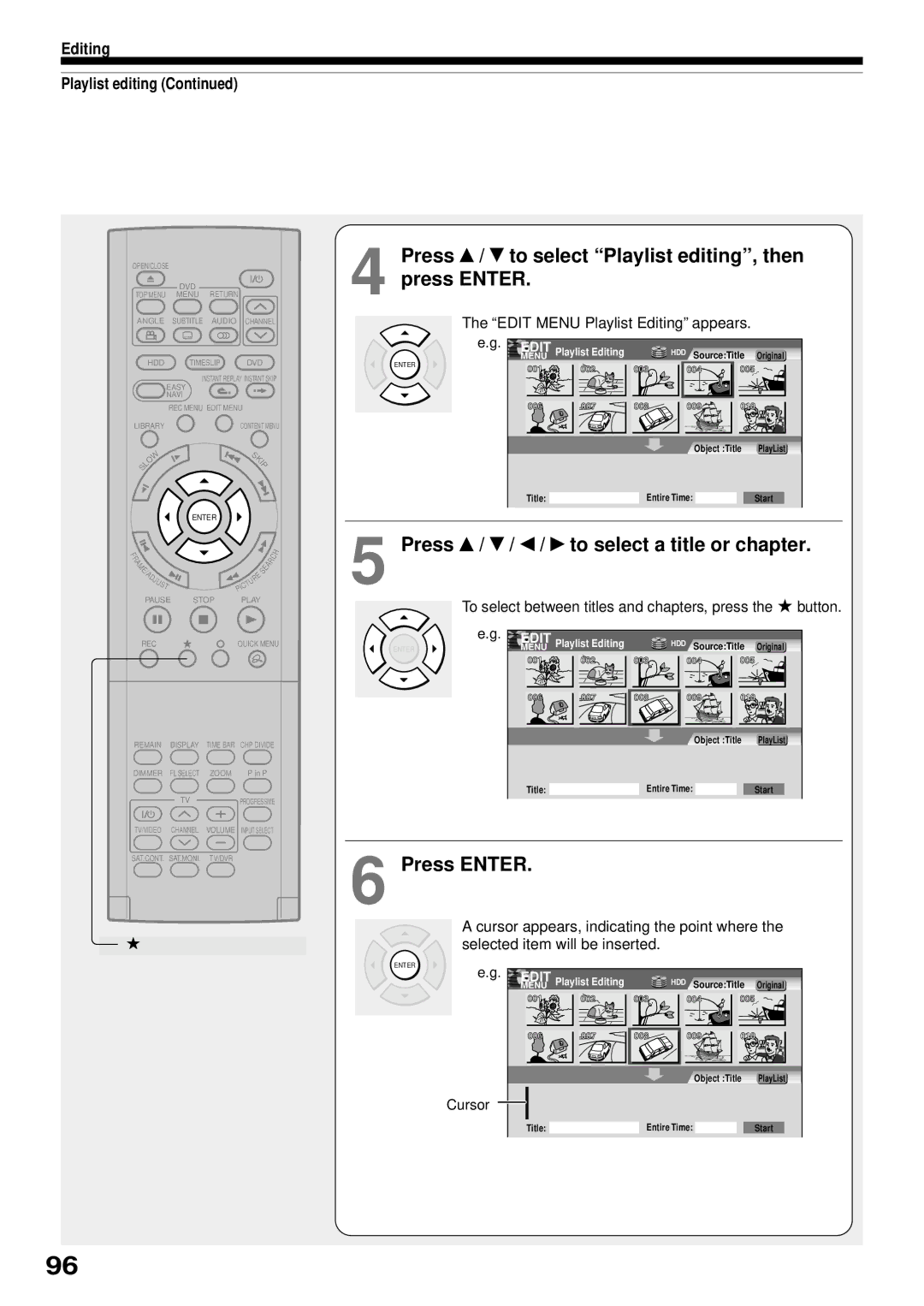 Toshiba RD-XS32SB Press / to select Playlist editing, then press Enter, Press / / / to select a title or chapter, Cursor 