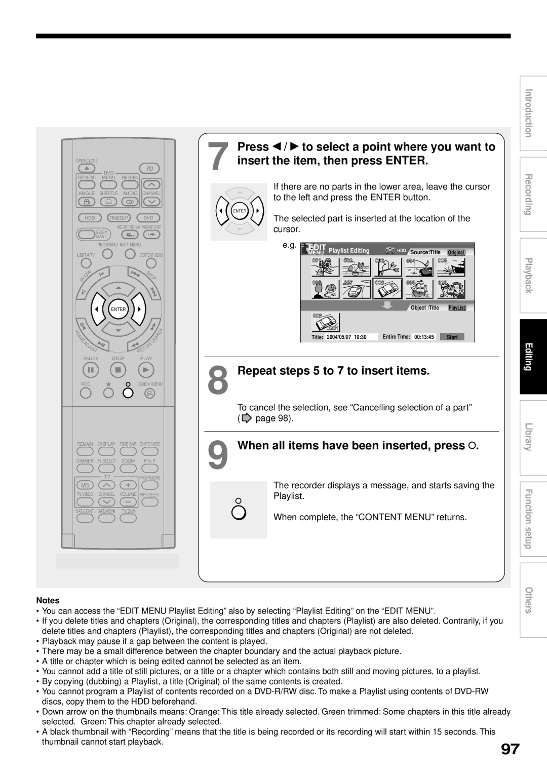 Toshiba RD-XS32SB When all items have been inserted, press, To cancel the selection, see Cancelling selection of a part 