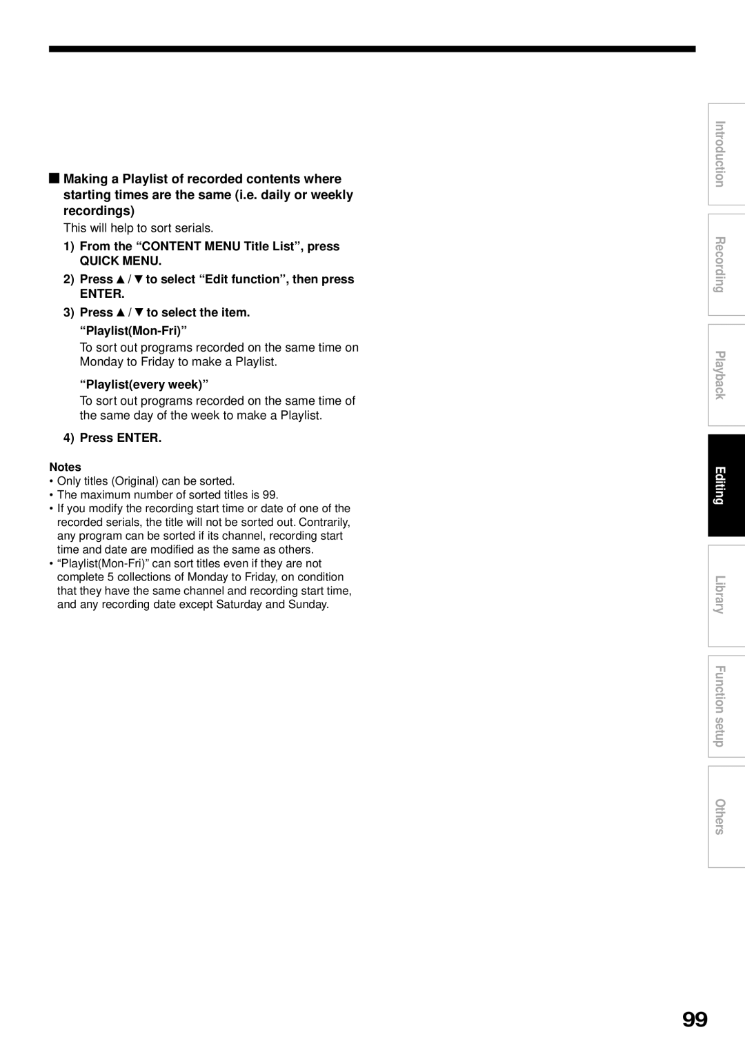 Toshiba RD-XS32SB owner manual This will help to sort serials, From the Content Menu Title List, press, Playlistevery week 