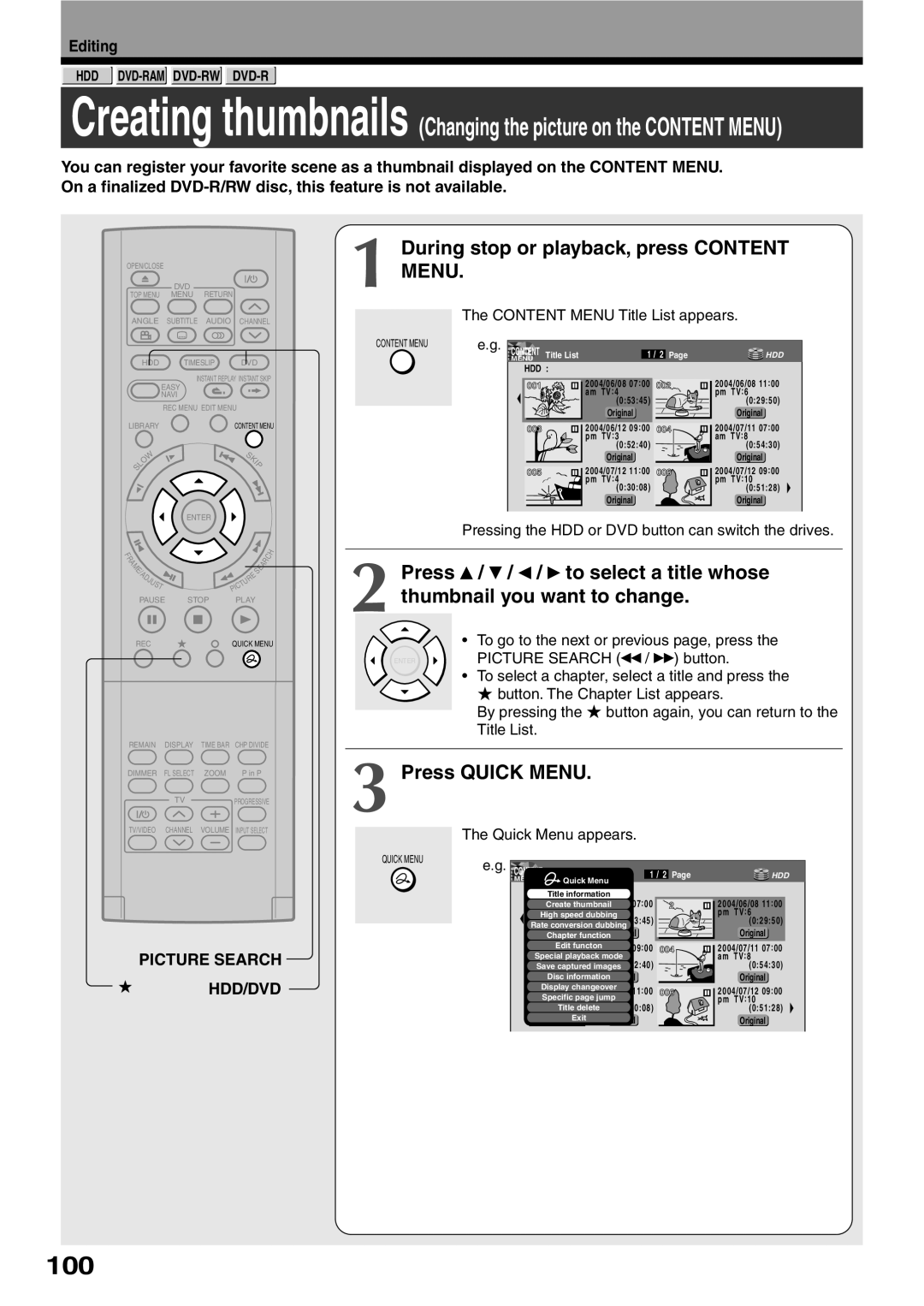 Toshiba RD-XS32SC, RD-XS32SU owner manual 100, Content Menu Title List appears 