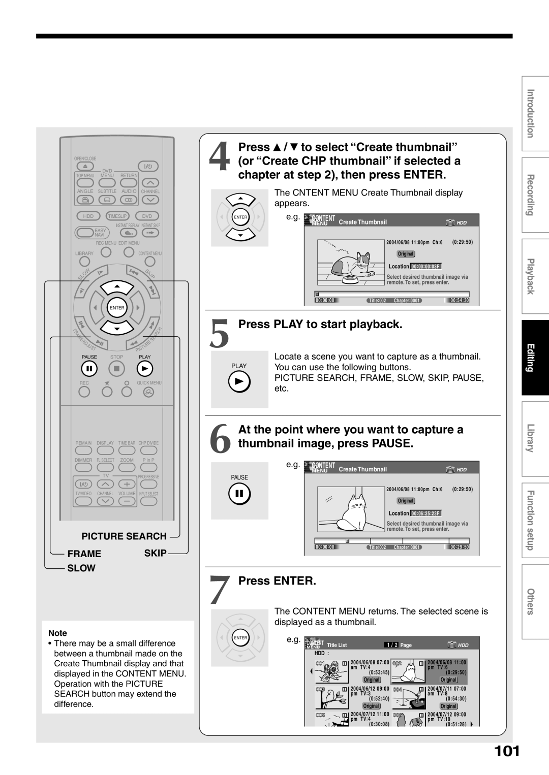 Toshiba RD-XS32SU, RD-XS32SC owner manual 101, Picture Search Frame Skip Slow, Cntent Menu Create Thumbnail display appears 