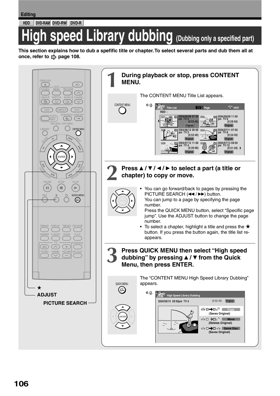 Toshiba RD-XS32SC, RD-XS32SU owner manual 106, During playback or stop, press Content Menu, Adjust Picture Search, Appears 