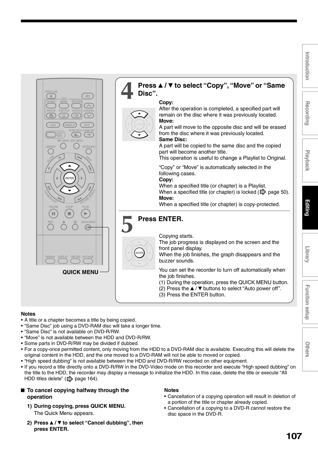 Toshiba RD-XS32SU 107, Press / to select Copy, Move or Same Disc, To cancel copying halfway through the operation 