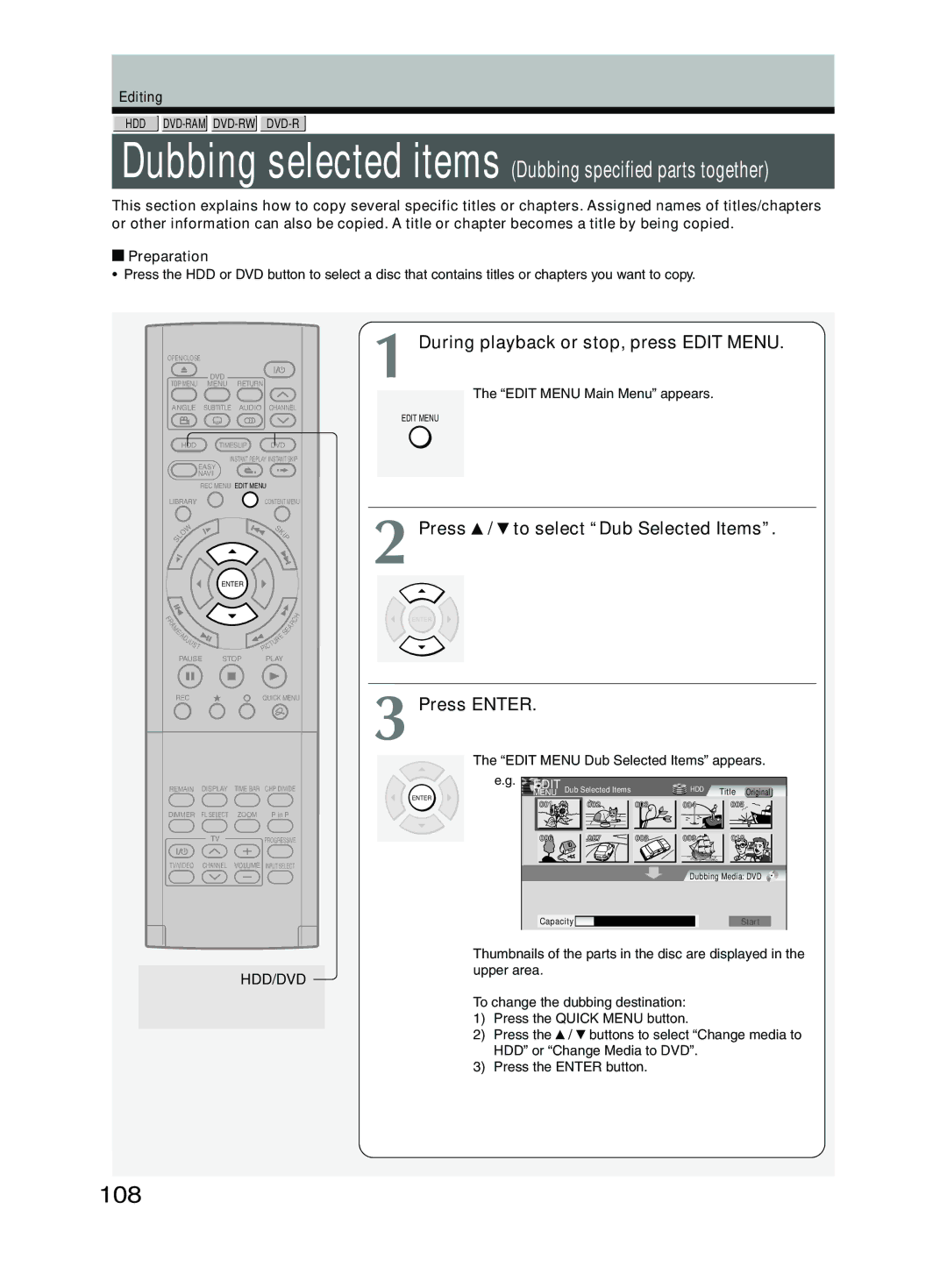 Toshiba RD-XS32SC, RD-XS32SU 108, During playback or stop, press Edit Menu, Press / to select Dub Selected Items 