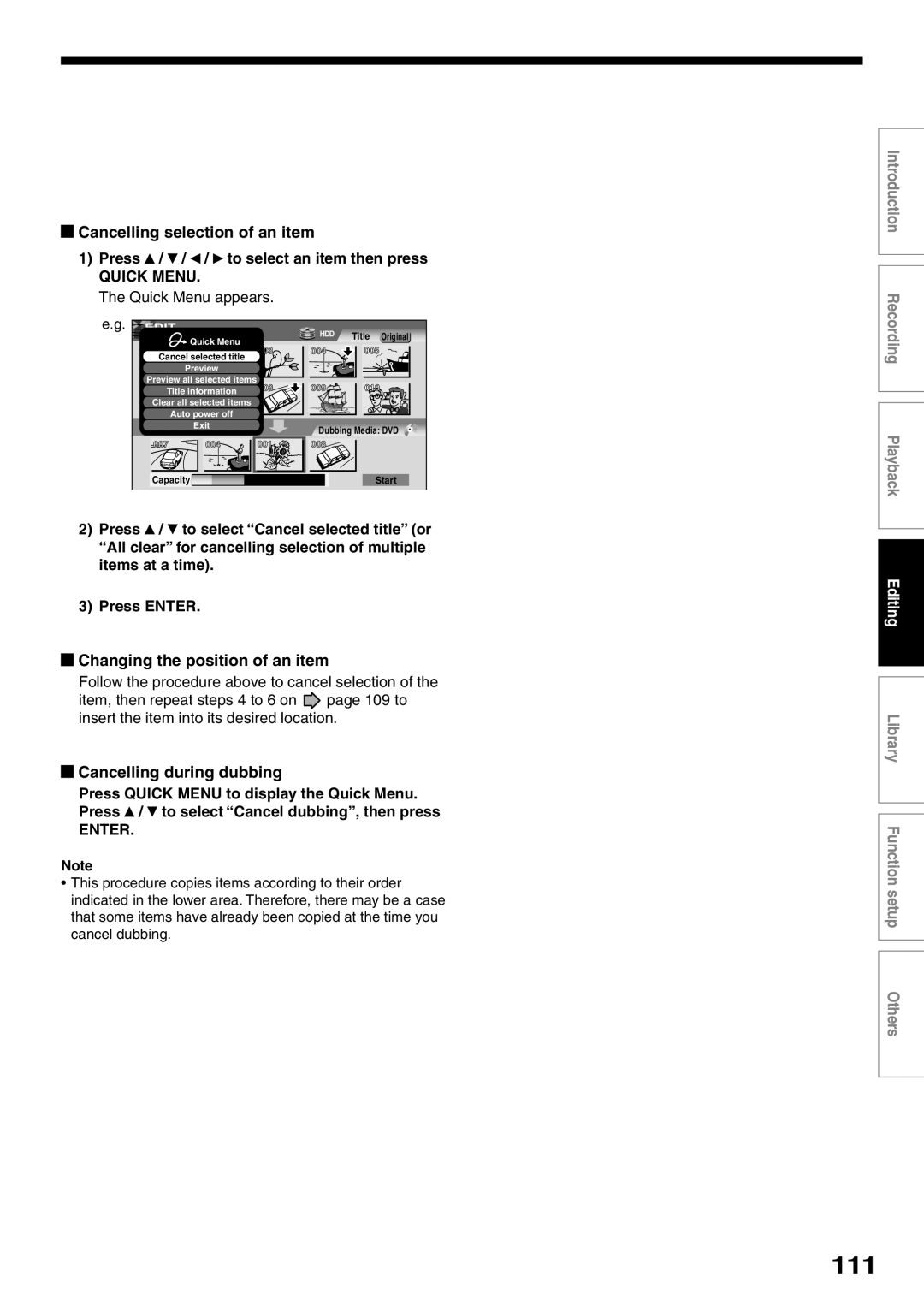 Toshiba RD-XS32SU 111, Cancelling selection of an item, Changing the position of an item, Cancelling during dubbing 