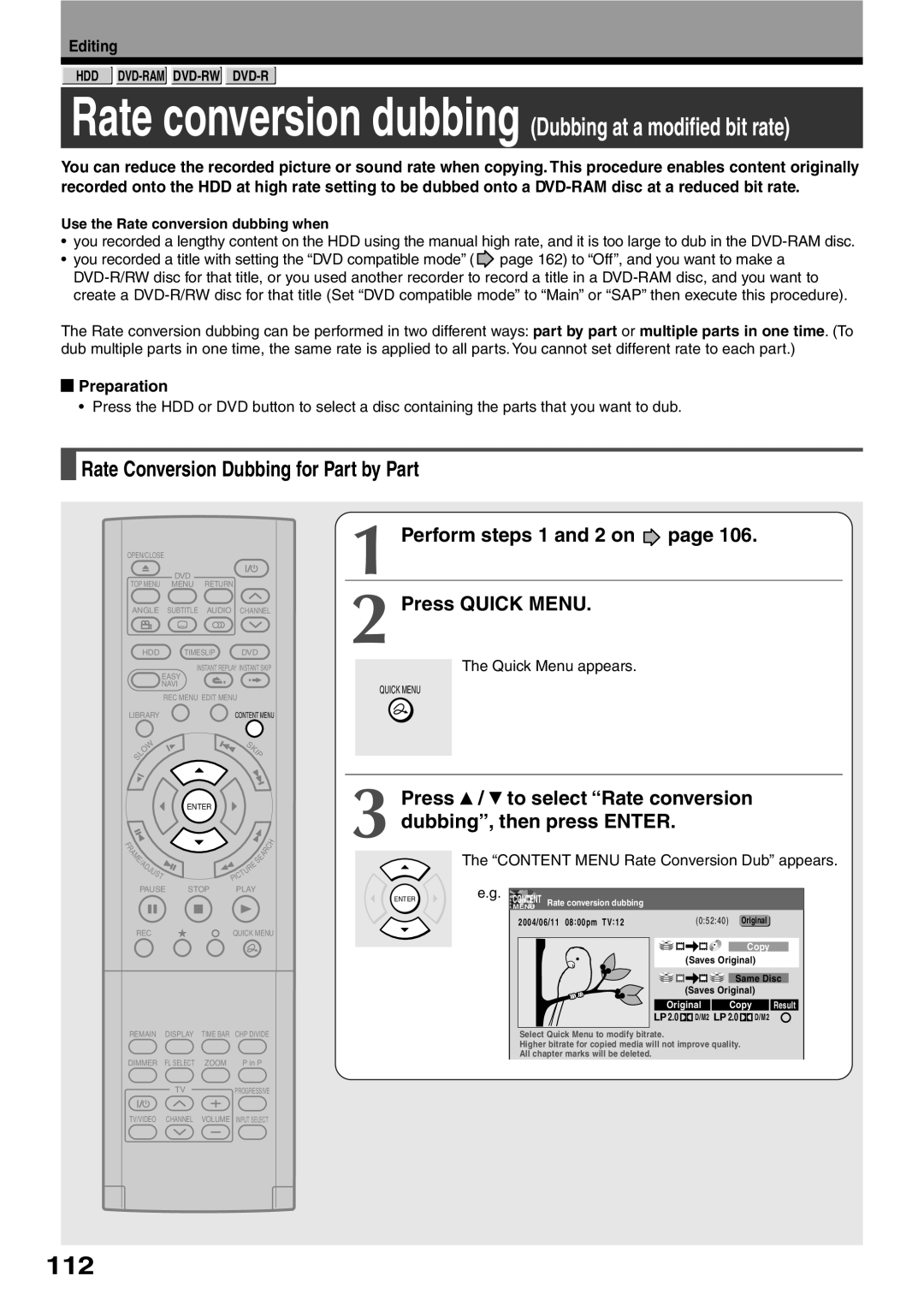 Toshiba RD-XS32SC, RD-XS32SU 112, Rate Conversion Dubbing for Part by Part, Perform steps 1 and 2 on Press Quick Menu 