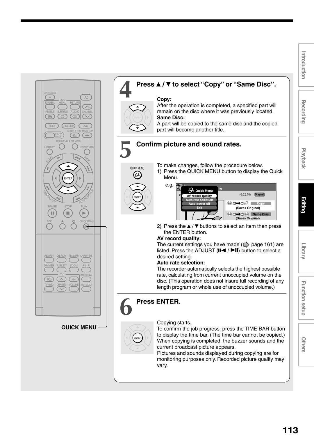 Toshiba RD-XS32SU, RD-XS32SC 113, Press / to select Copy or Same Disc, Confirm picture and sound rates, Quick Menu 