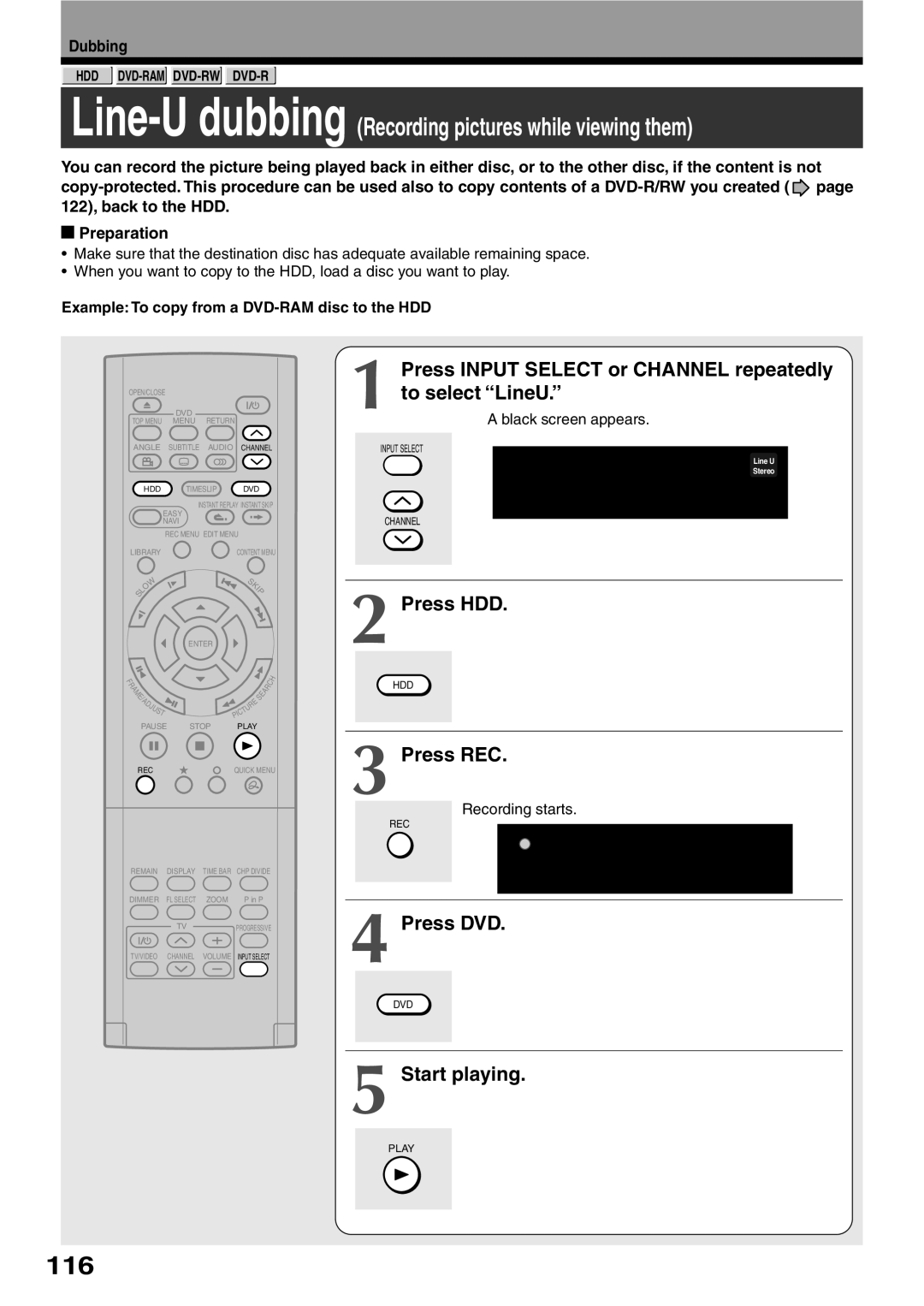 Toshiba RD-XS32SC 116, Press Input Select or Channel repeatedly to select LineU, Press HDD, Start playing, Dubbing 