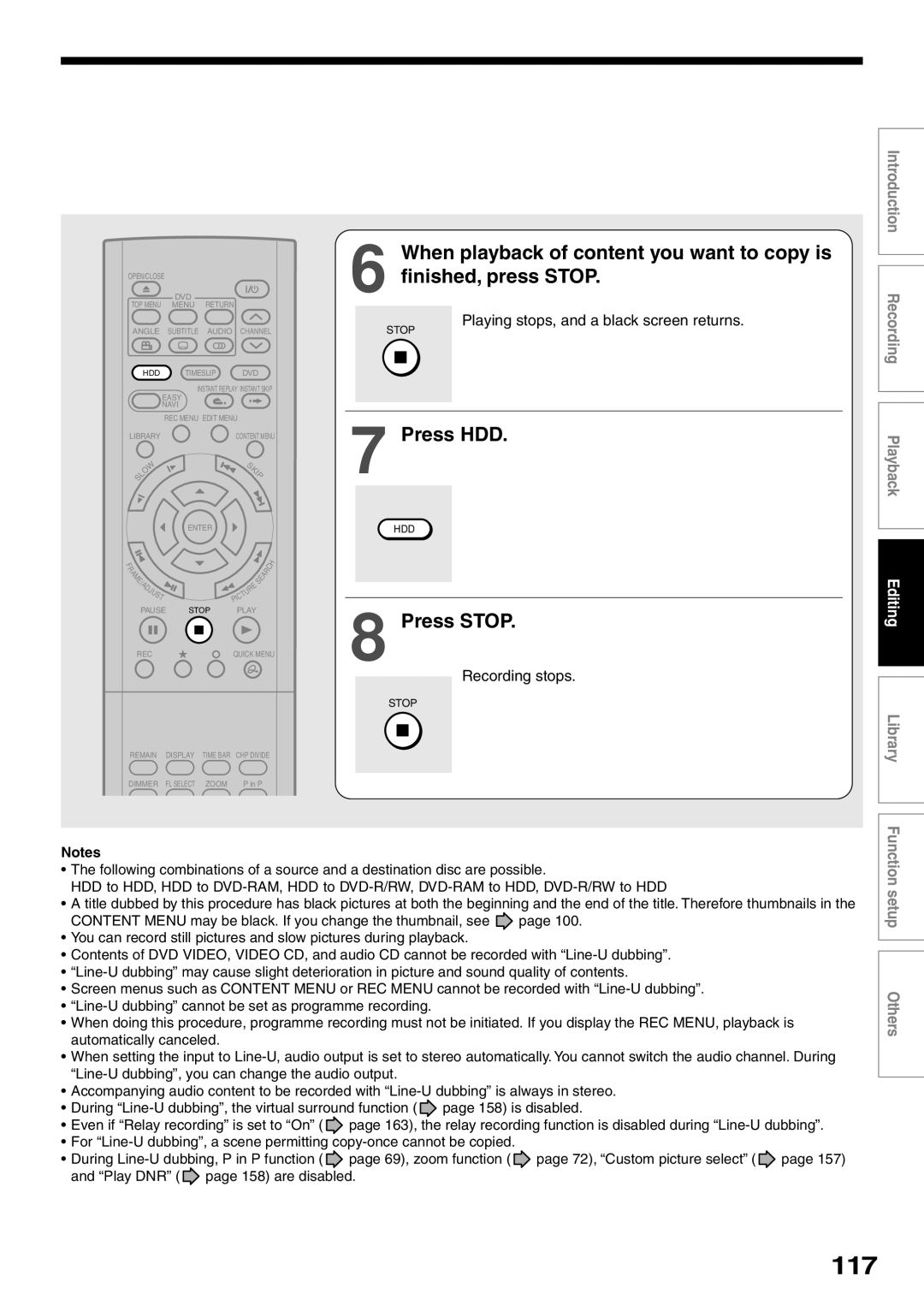 Toshiba RD-XS32SU, RD-XS32SC owner manual 117, Press Stop, Playing stops, and a black screen returns, Recording stops 