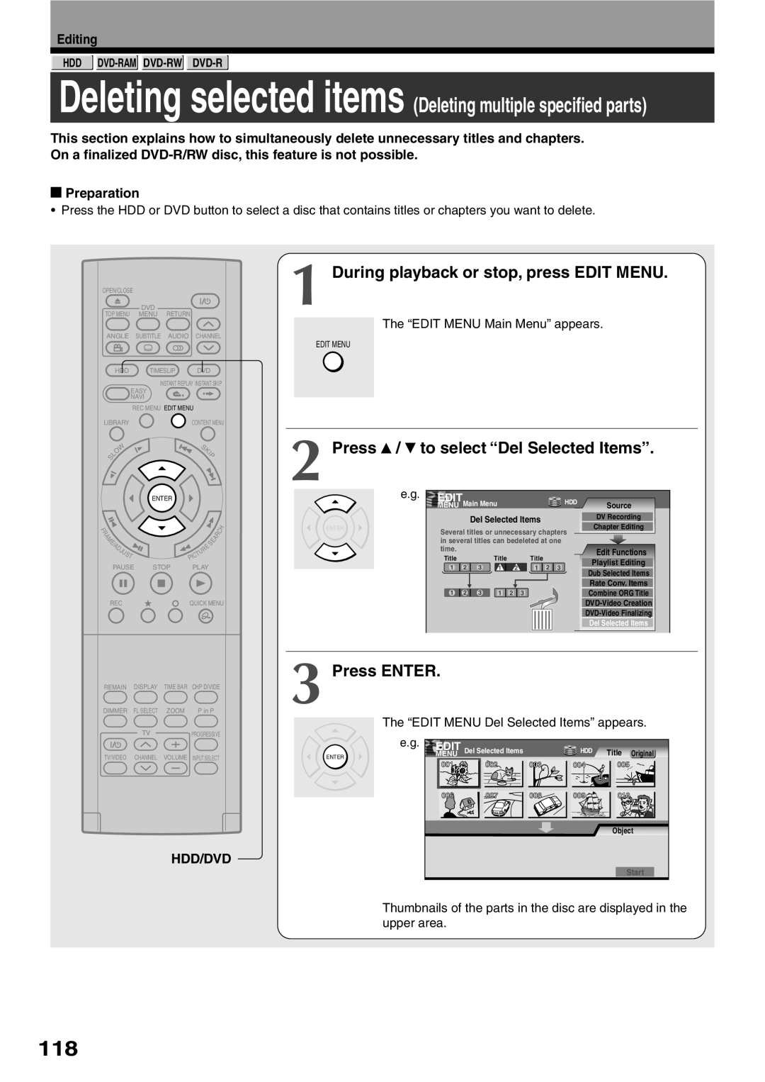 Toshiba RD-XS32SC, RD-XS32SU owner manual 118, Press / to select Del Selected Items, Edit Menu Del Selected Items appears 