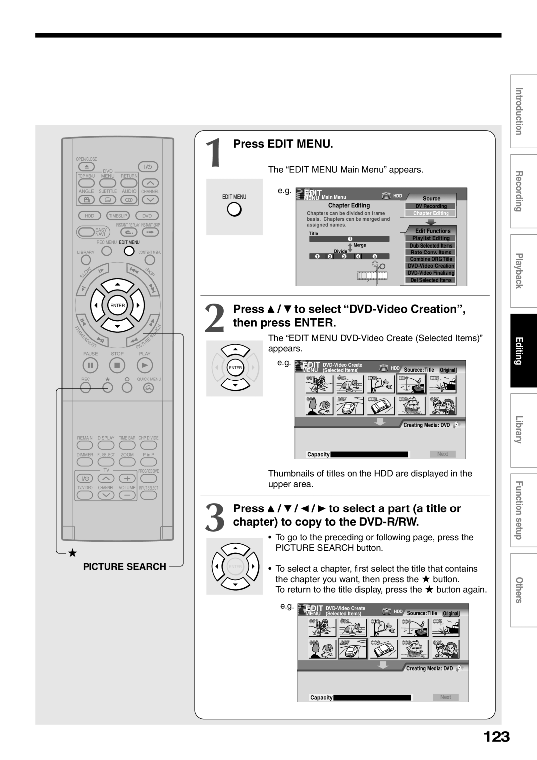 Toshiba RD-XS32SU, RD-XS32SC 123, Press / to select DVD-Video Creation, then press Enter, Edit Menu Main Menu appears 