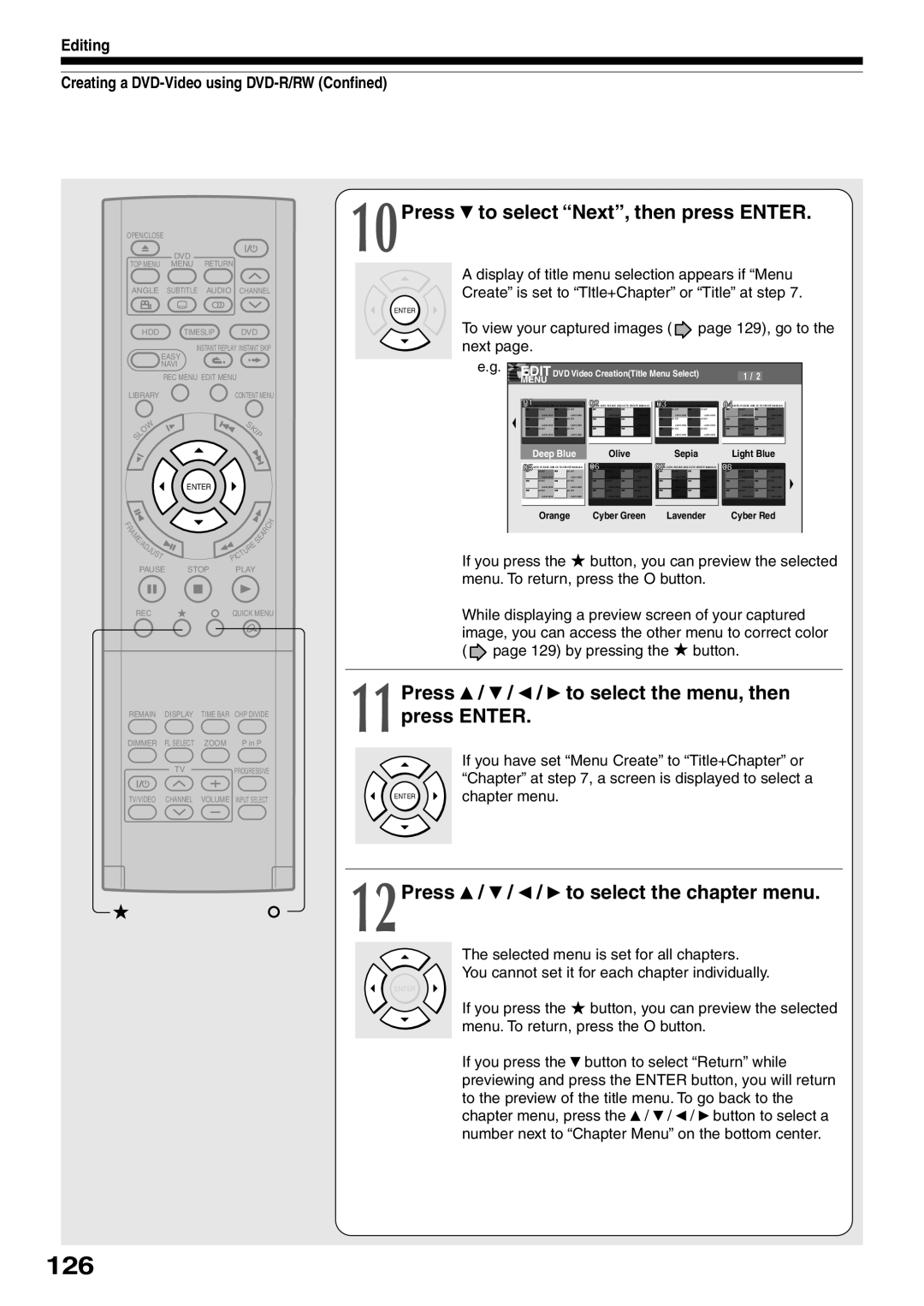 Toshiba RD-XS32SC 126, 10Press to select Next, then press Enter, 11Press / / / to select the menu, then press Enter 