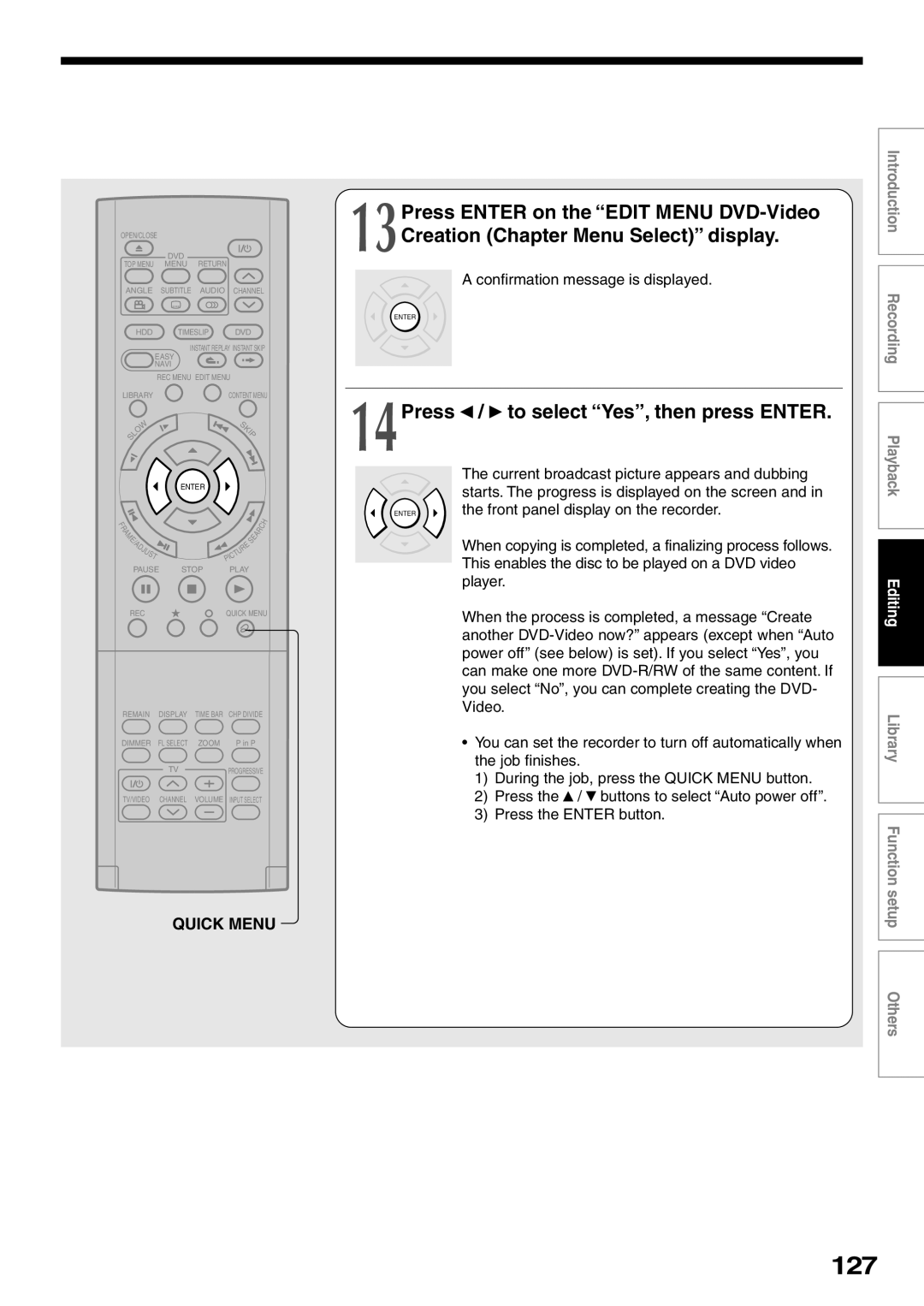 Toshiba RD-XS32SU, RD-XS32SC owner manual 127, 14Press / to select Yes, then press Enter, Confirmation message is displayed 