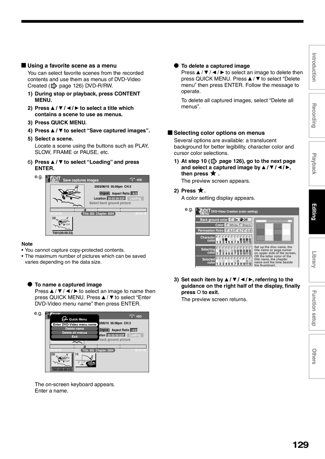 Toshiba RD-XS32SU, RD-XS32SC owner manual 129, Using a favorite scene as a menu, Selecting color options on menus 