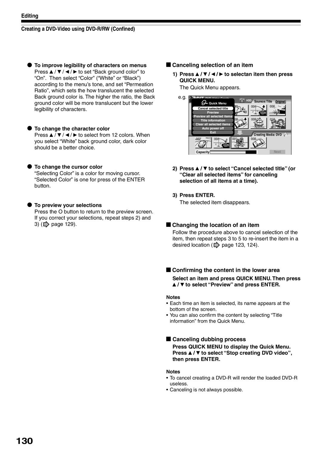 Toshiba RD-XS32SC 130, Canceling selection of an item, Changing the location of an item, Canceling dubbing process 