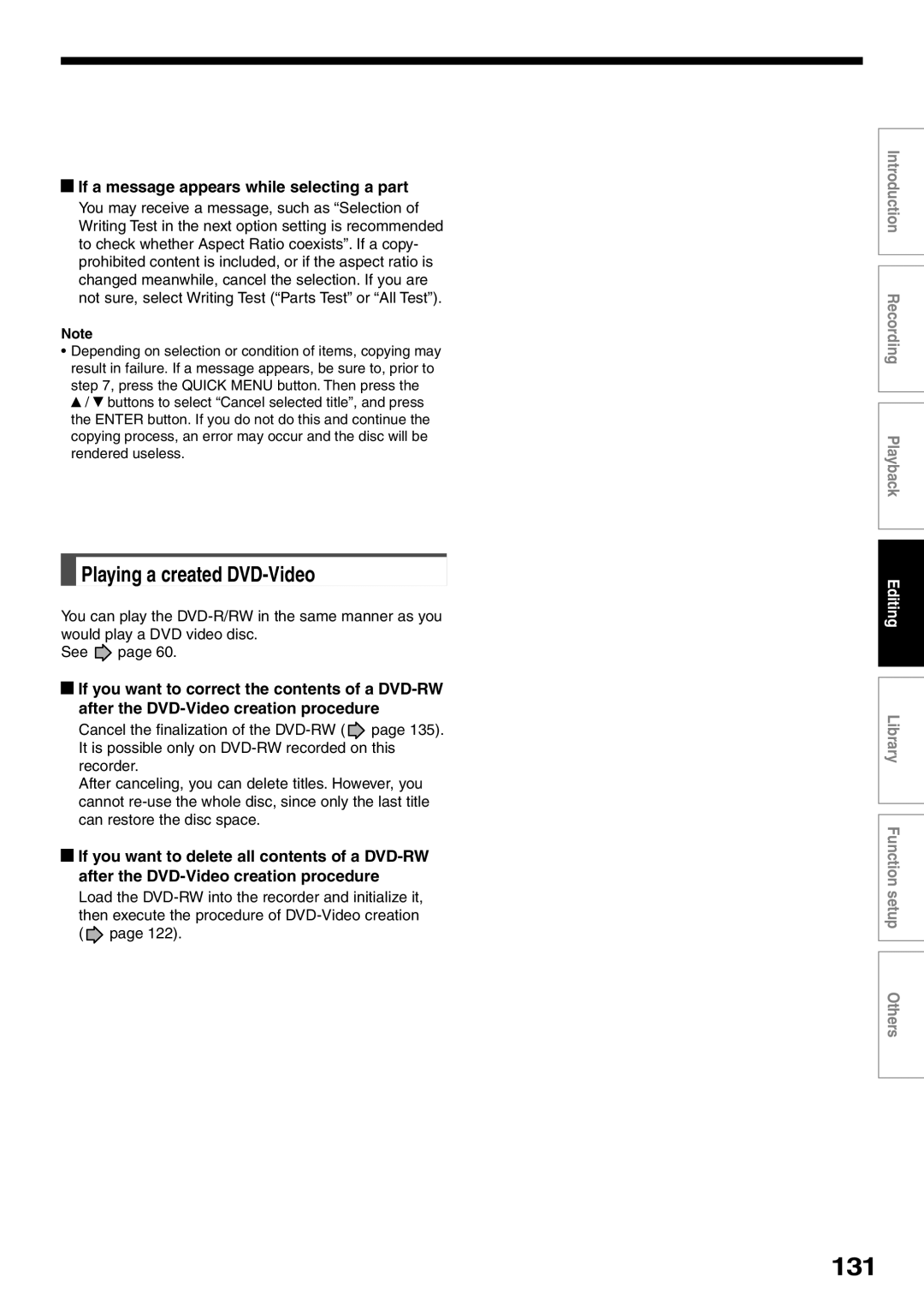 Toshiba RD-XS32SU, RD-XS32SC owner manual 131, Playing a created DVD-Video, If a message appears while selecting a part 