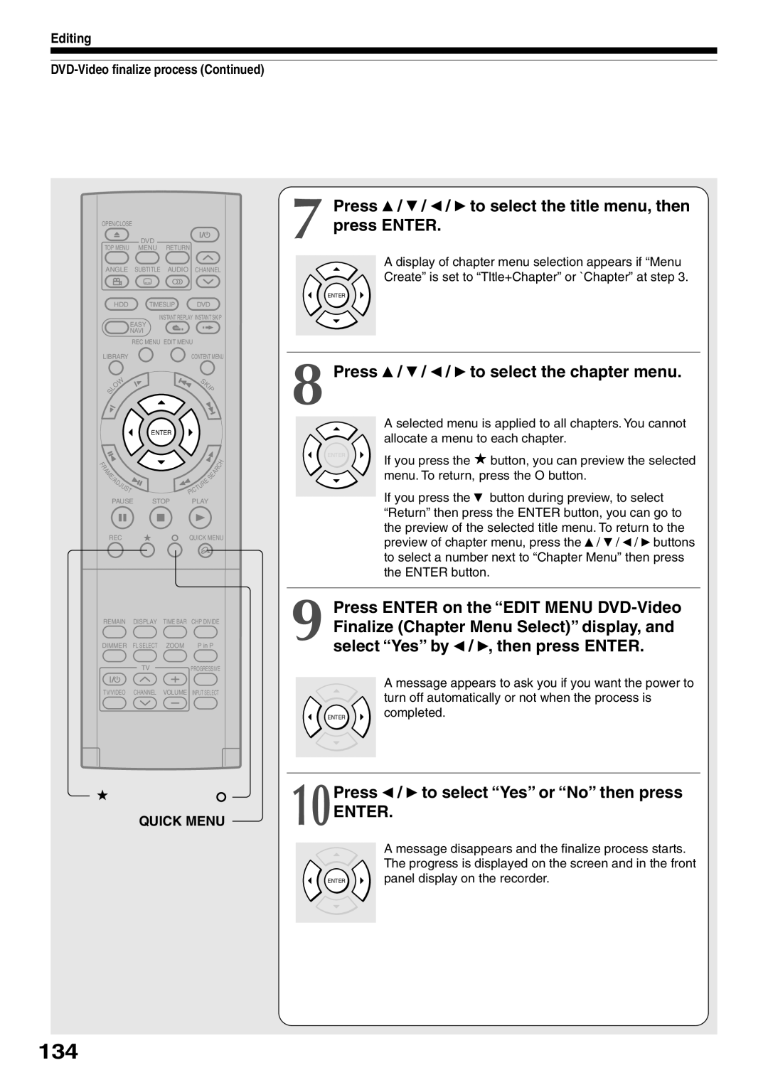 Toshiba RD-XS32SC 134, Press / / / to select the title menu, then press Enter, Press / / / to select the chapter menu 