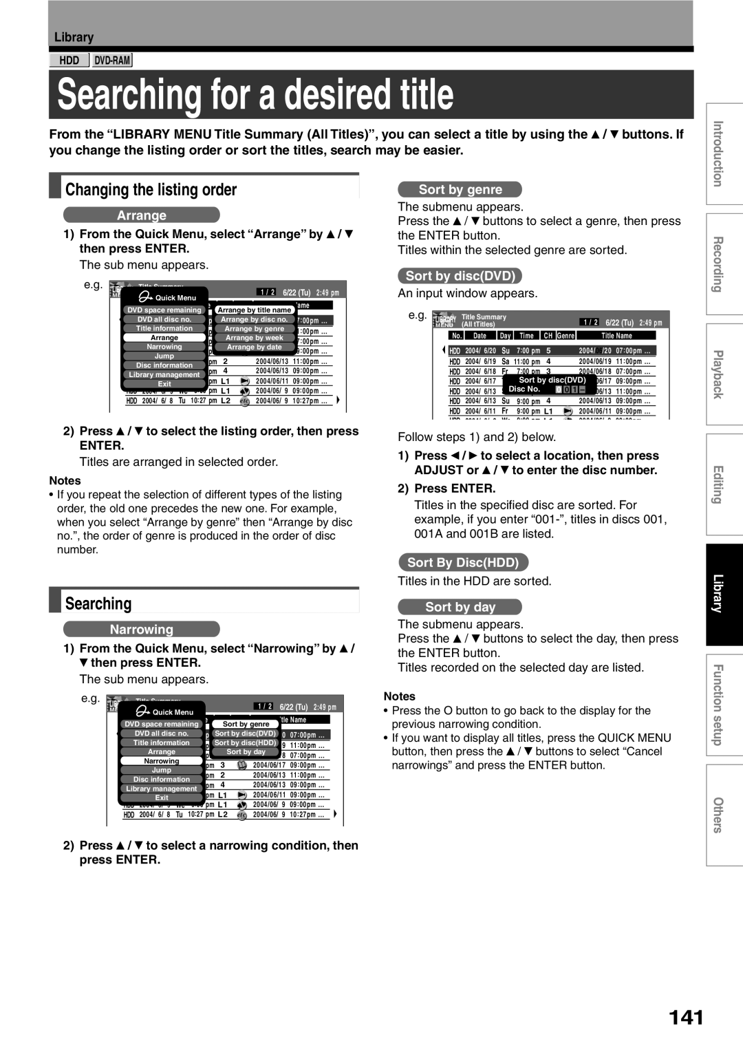 Toshiba RD-XS32SU, RD-XS32SC owner manual Searching for a desired title, 141, Changing the listing order 