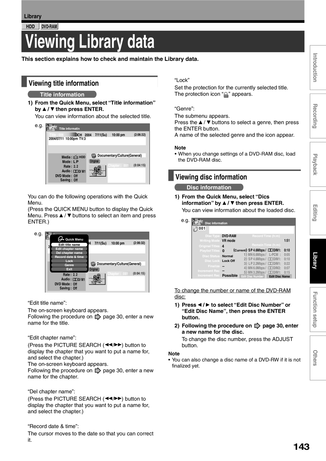 Toshiba RD-XS32SU, RD-XS32SC owner manual Viewing Library data, 143, Viewing title information, Viewing disc information 