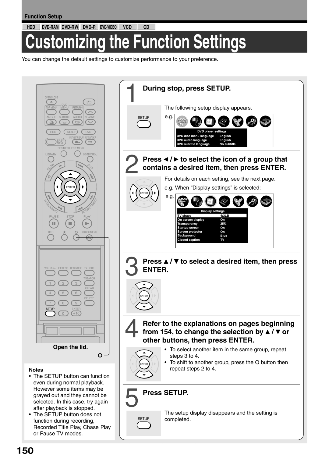 Toshiba RD-XS32SC 150, During stop, press Setup, Press / to select a desired item, then press, Press Setup, Function Setup 