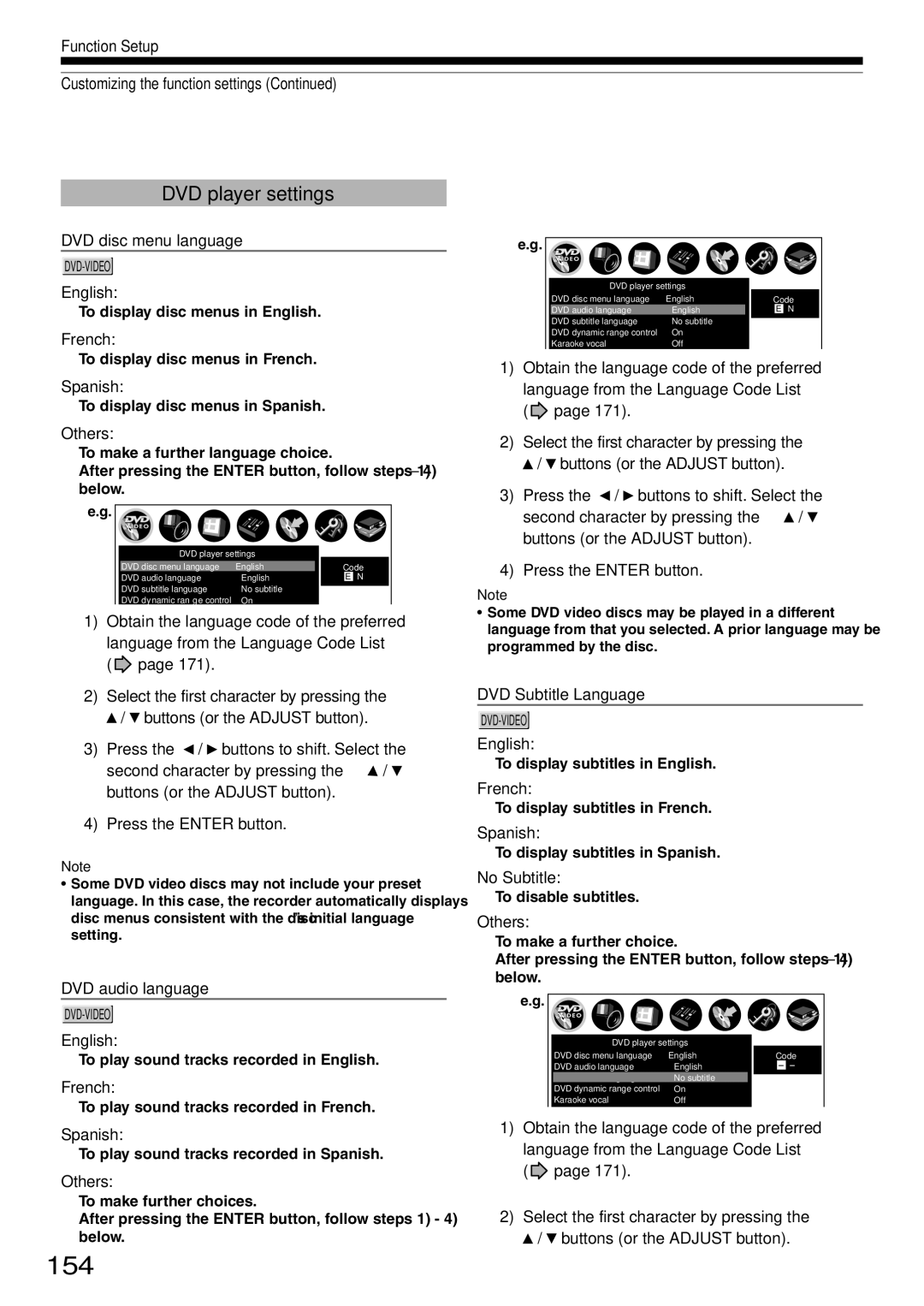 Toshiba RD-XS32SC, RD-XS32SU owner manual 154, DVD player settings 