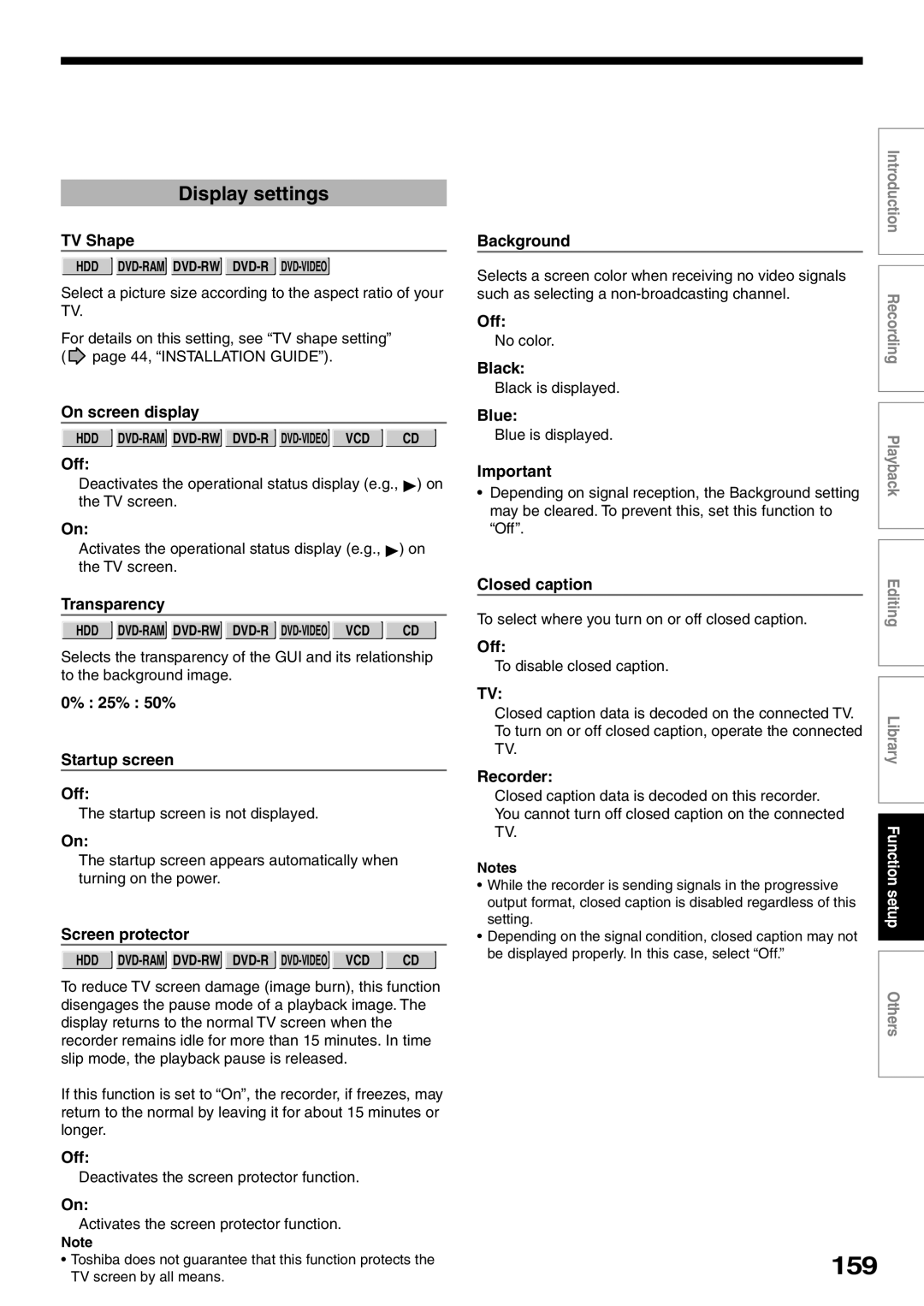 Toshiba RD-XS32SU, RD-XS32SC owner manual Display settings 