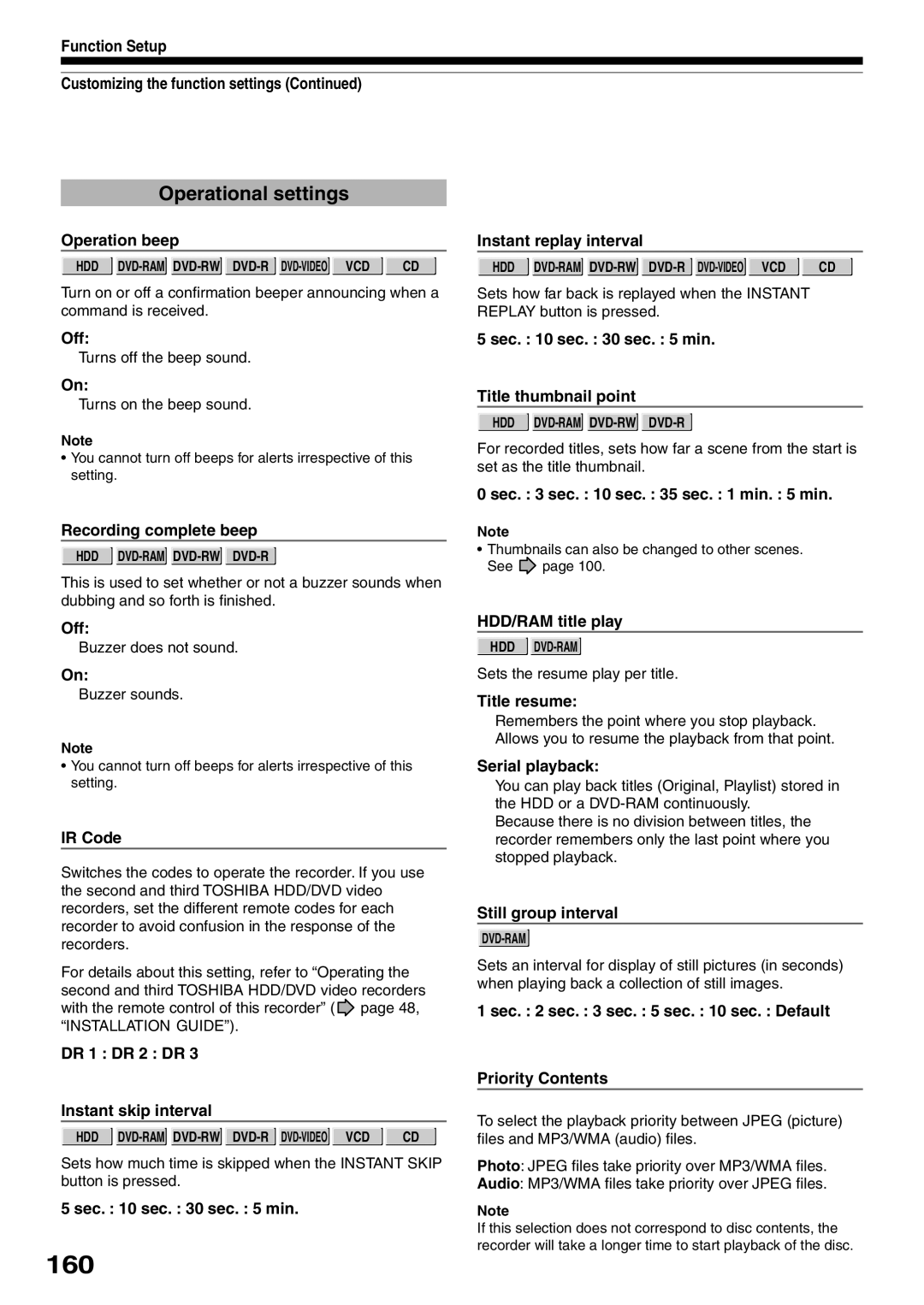 Toshiba RD-XS32SC, RD-XS32SU owner manual 160, Operational settings 