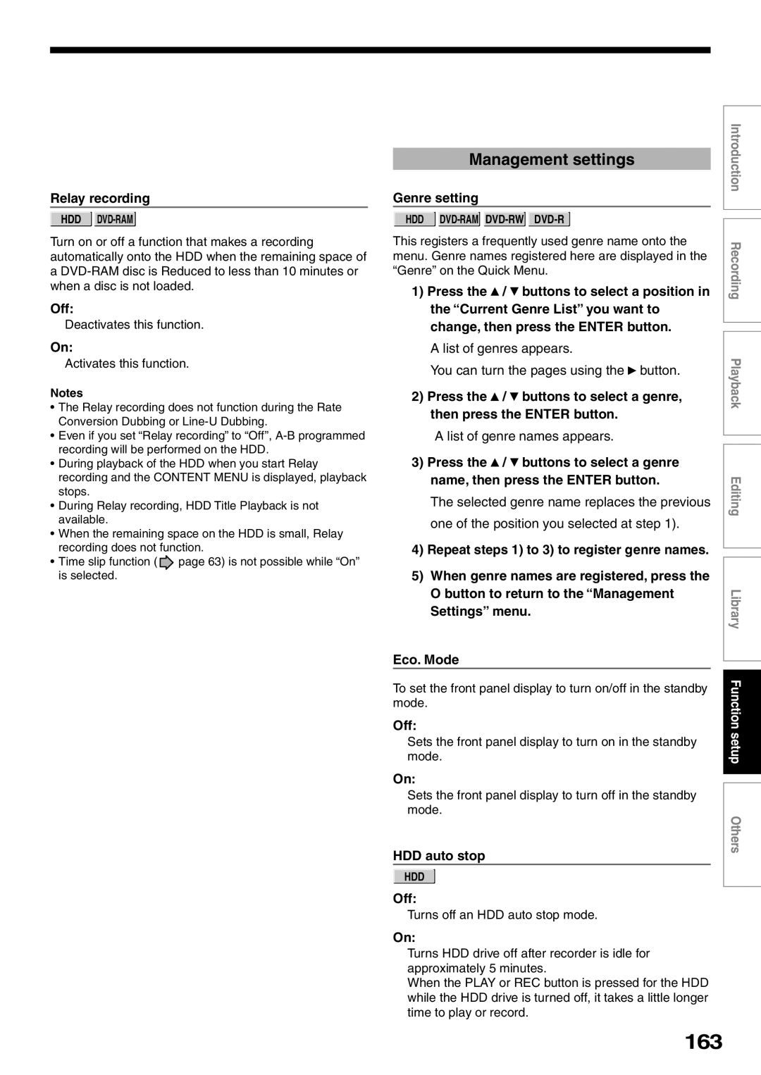 Toshiba RD-XS32SU, RD-XS32SC owner manual 163, Management settings, Genre setting, HDD auto stop 