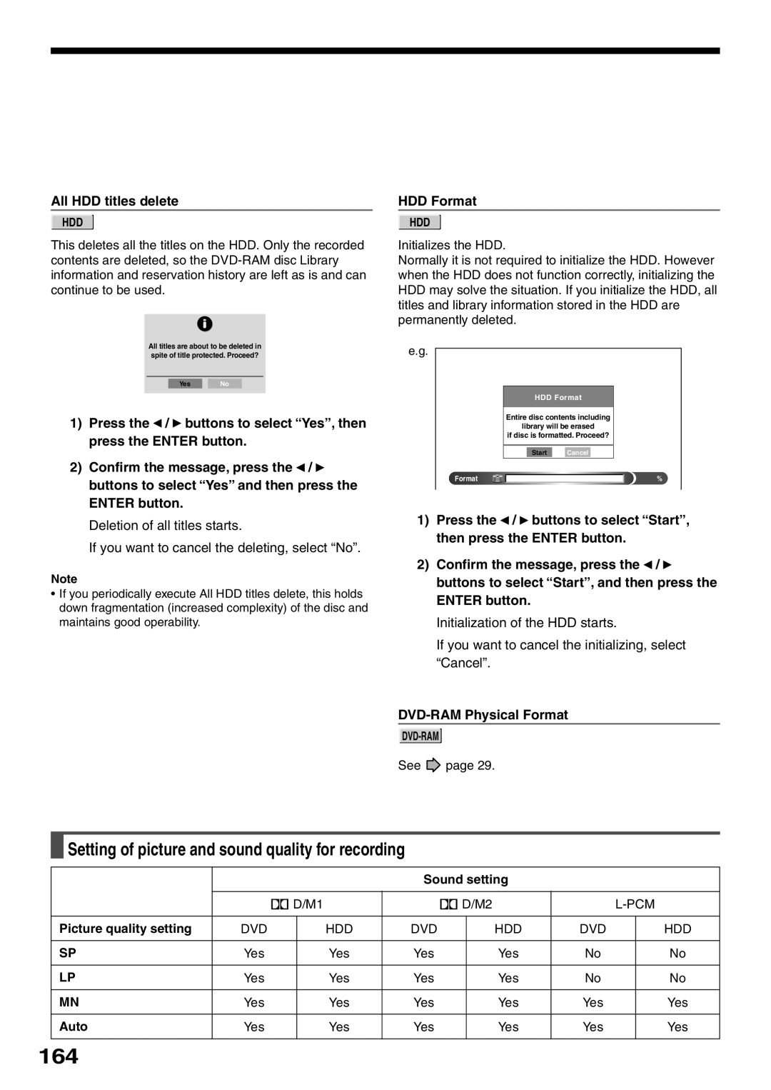 Toshiba RD-XS32SC, RD-XS32SU 164, Setting of picture and sound quality for recording, All HDD titles delete, HDD Format 