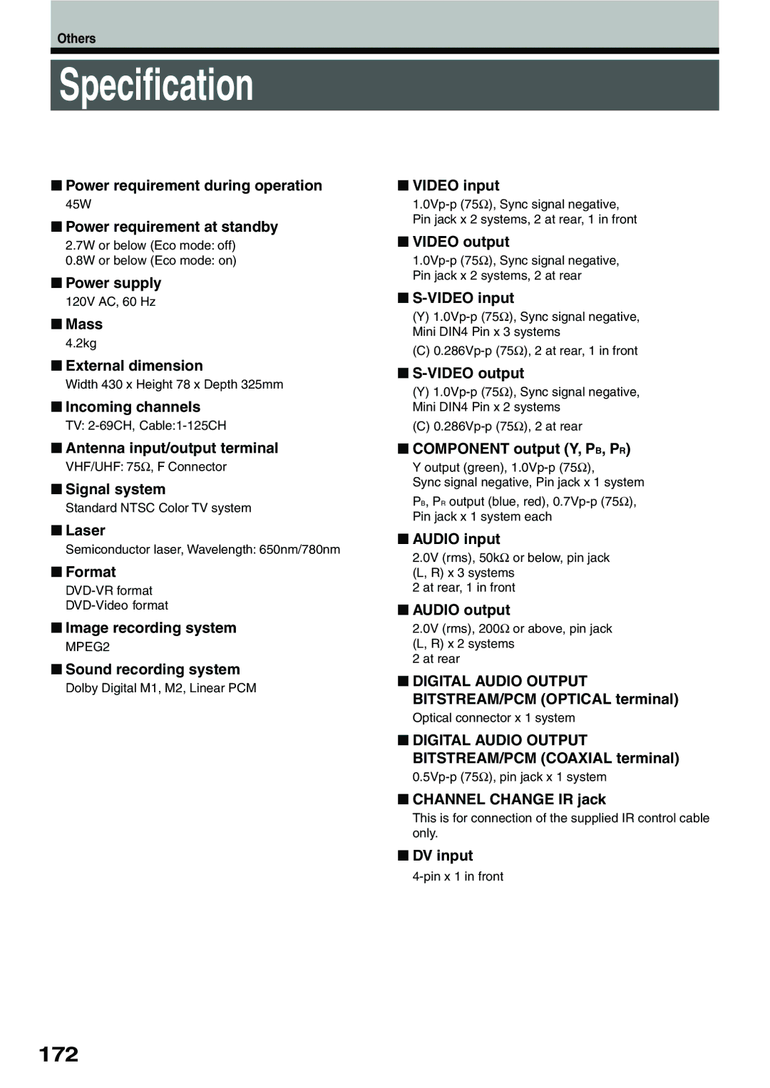 Toshiba RD-XS32SC, RD-XS32SU owner manual Specification, 172 