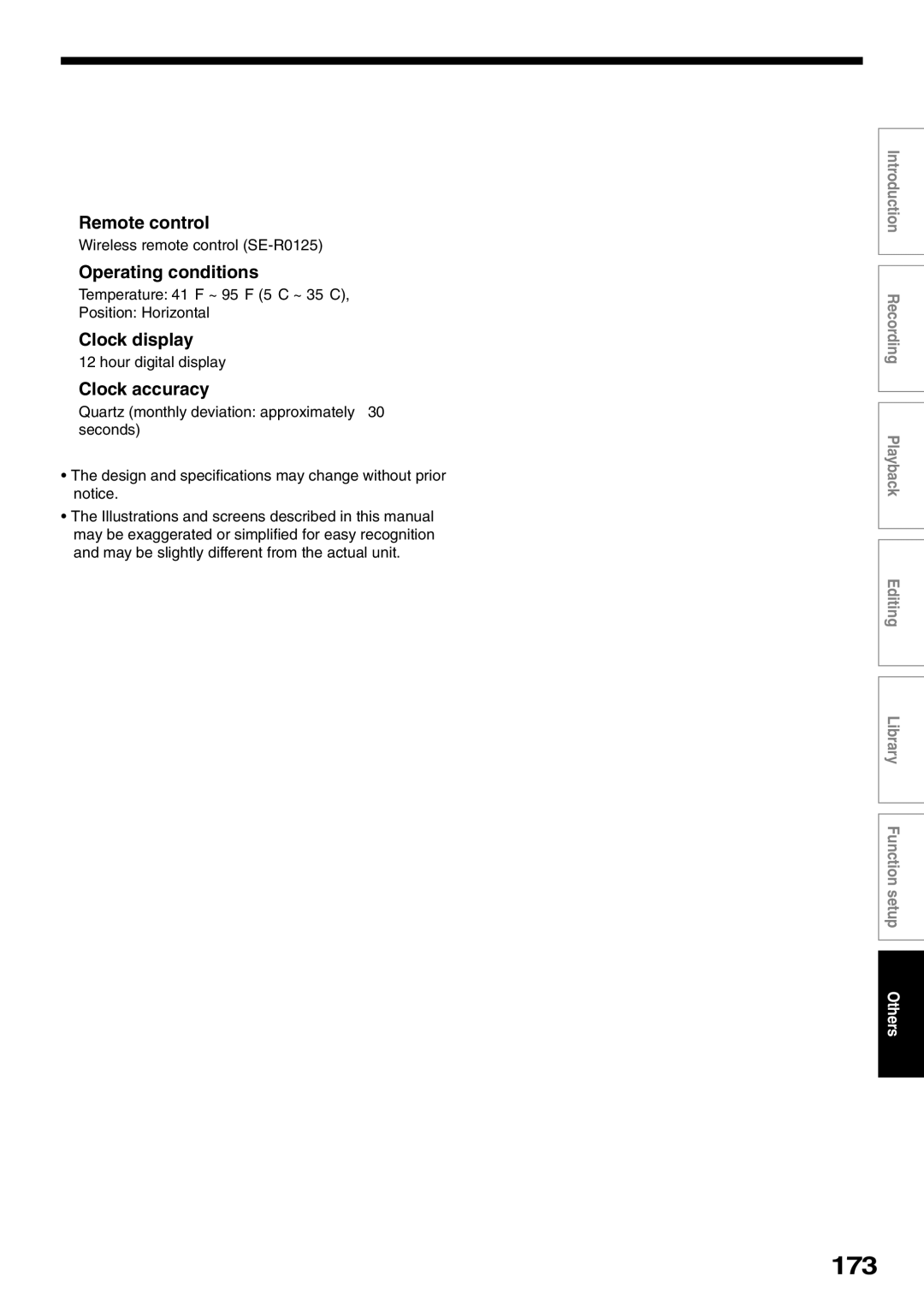 Toshiba RD-XS32SU, RD-XS32SC 173, Wireless remote control SE-R0125, Temperature 41F ~ 95F 5C ~ 35C Position Horizontal 