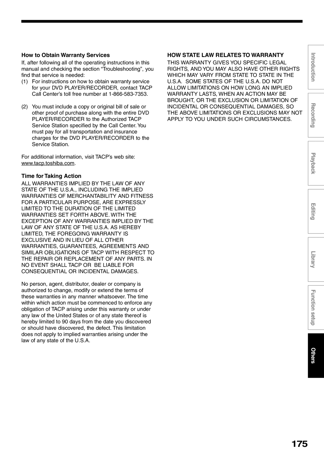 Toshiba RD-XS32SU 175, How to Obtain Warranty Services, Time for Taking Action, HOW State LAW Relates to Warranty 