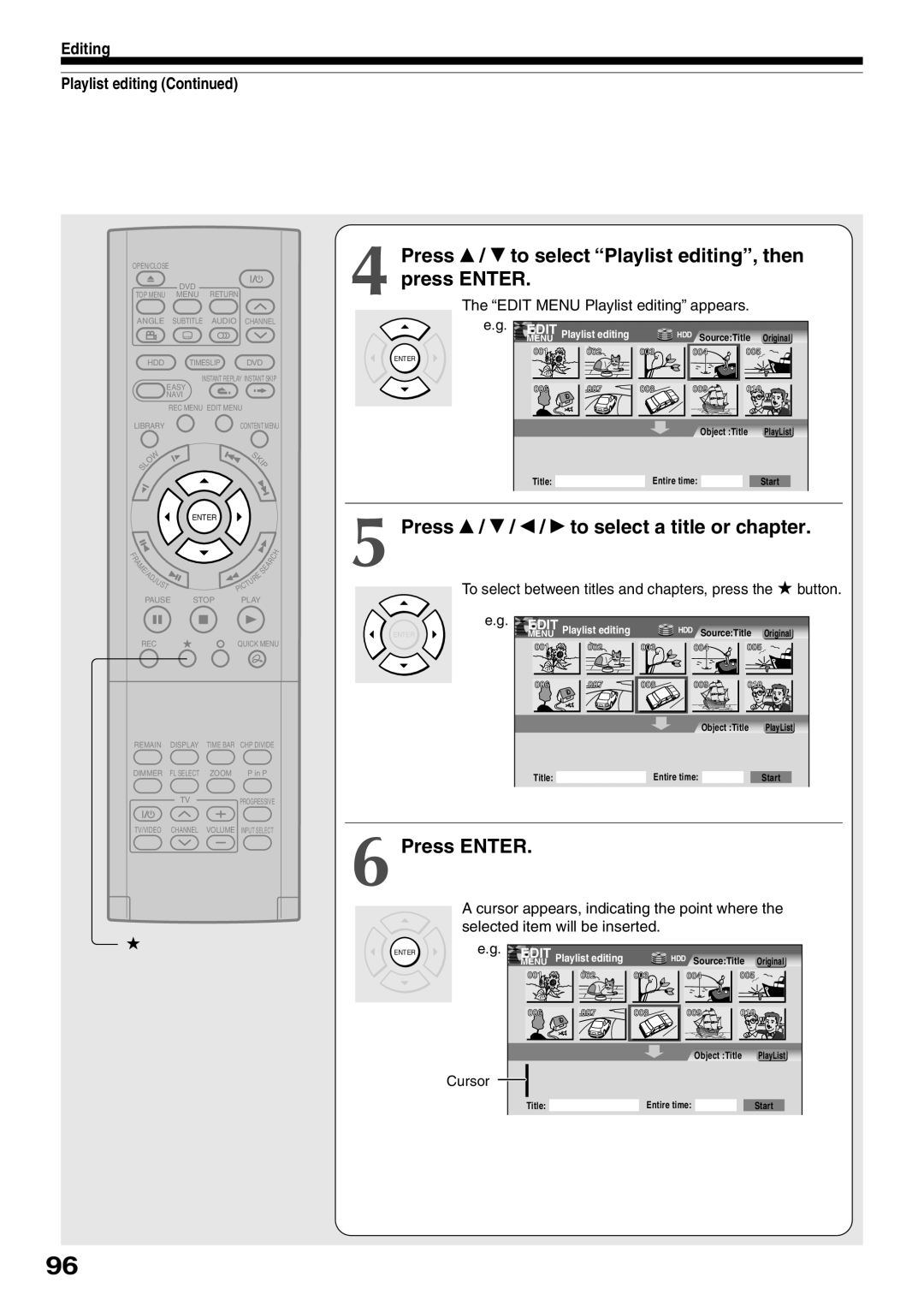 Toshiba RD-XS32SC Press / to select Playlist editing, then press Enter, Press / / / to select a title or chapter, Cursor 