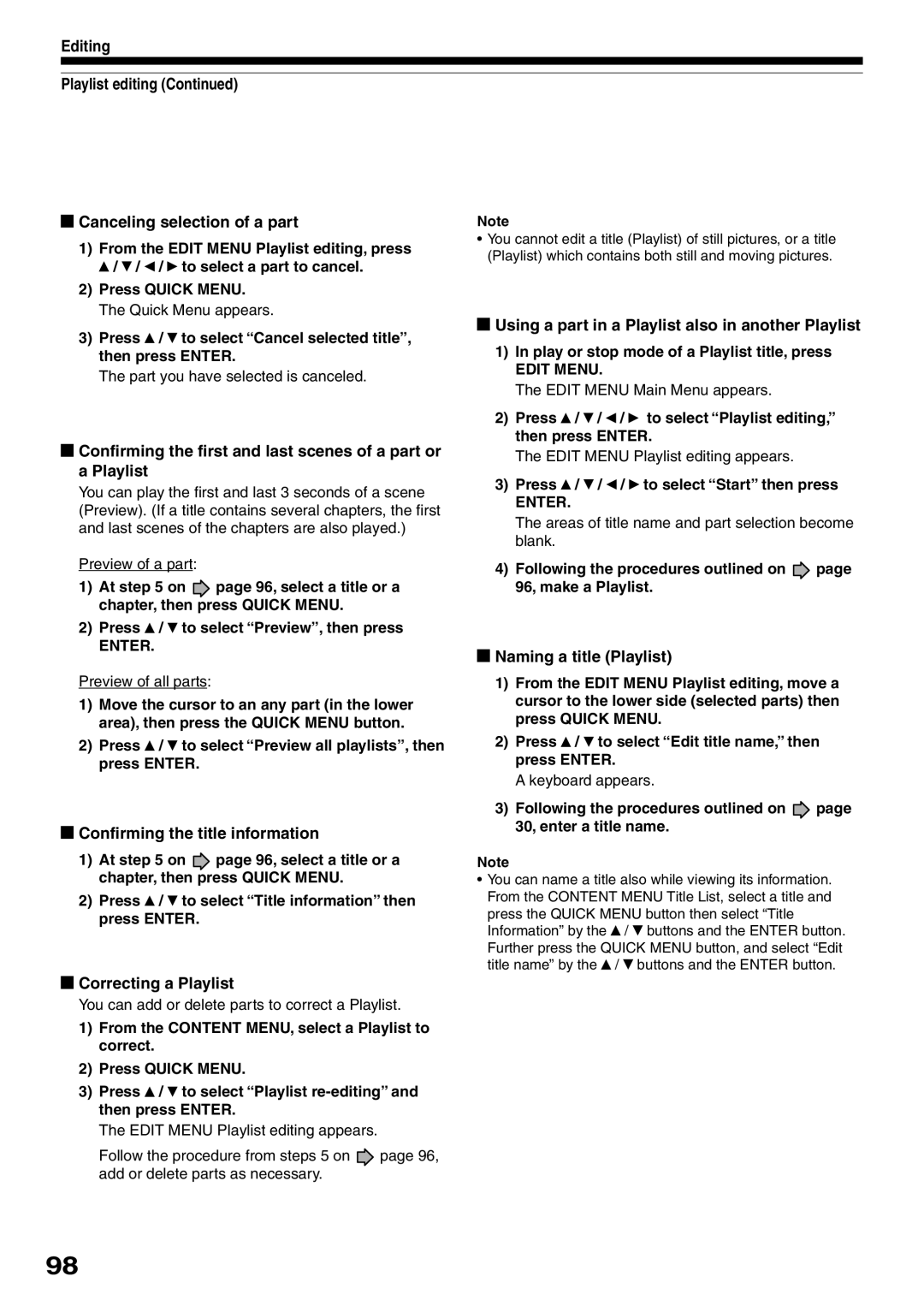 Toshiba RD-XS32SC Editing Playlist editing Canceling selection of a part, Naming a title Playlist, Correcting a Playlist 