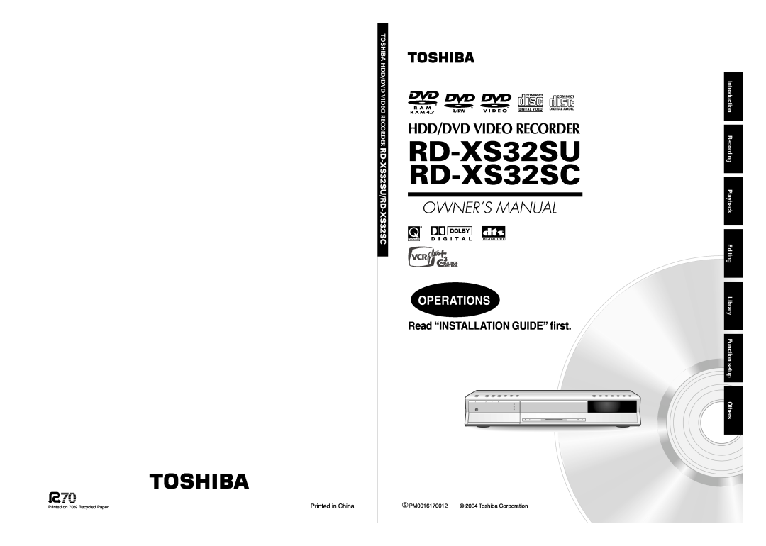 Toshiba RD-XS32SU owner manual Operations, RD-XS32SC, Hdd/Dvd Video Recorder, Read “INSTALLATION GUIDE” first 
